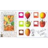 Victoria Wood Signed Smilers Fruit 'N' Veg Benhams Silk Cachet FDC with 22ct Gold Border. 21 of