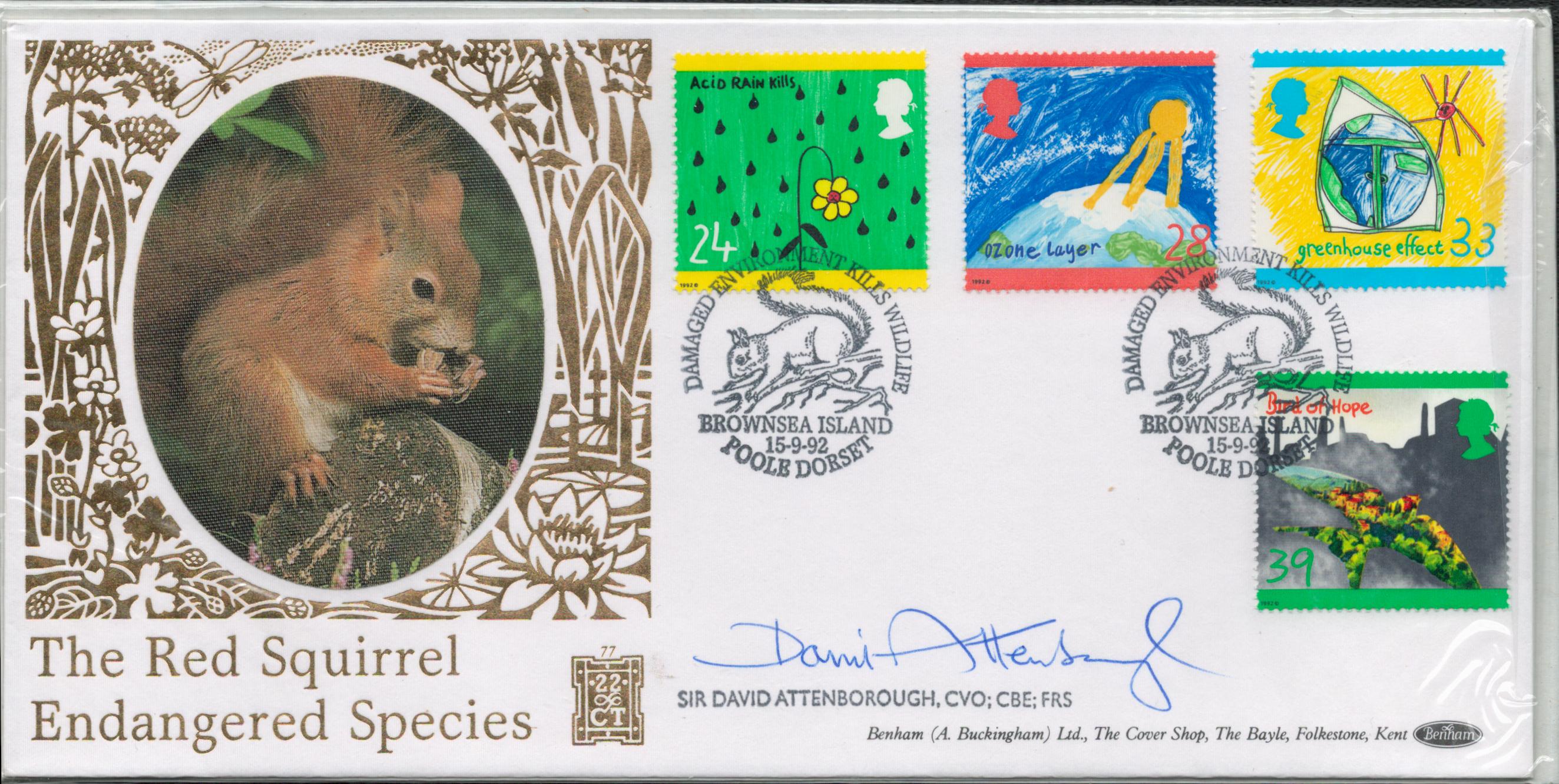 David Attenborough signed 1992 22ct Gold Benham Endangered Species official FDC. Good condition. All