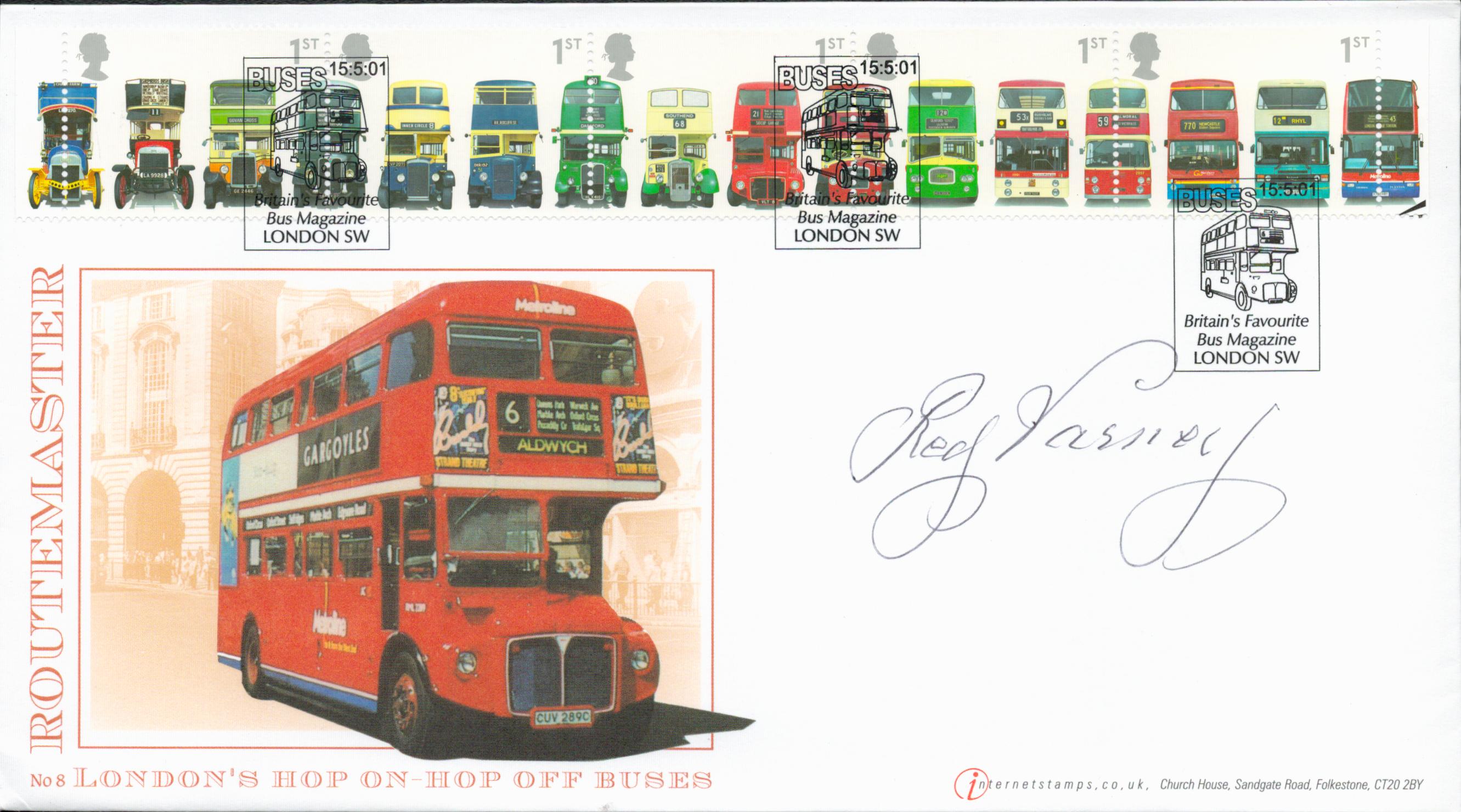 Reg Varney signed Internetstamps official 2001 Buses official FDC. Good condition. All autographs
