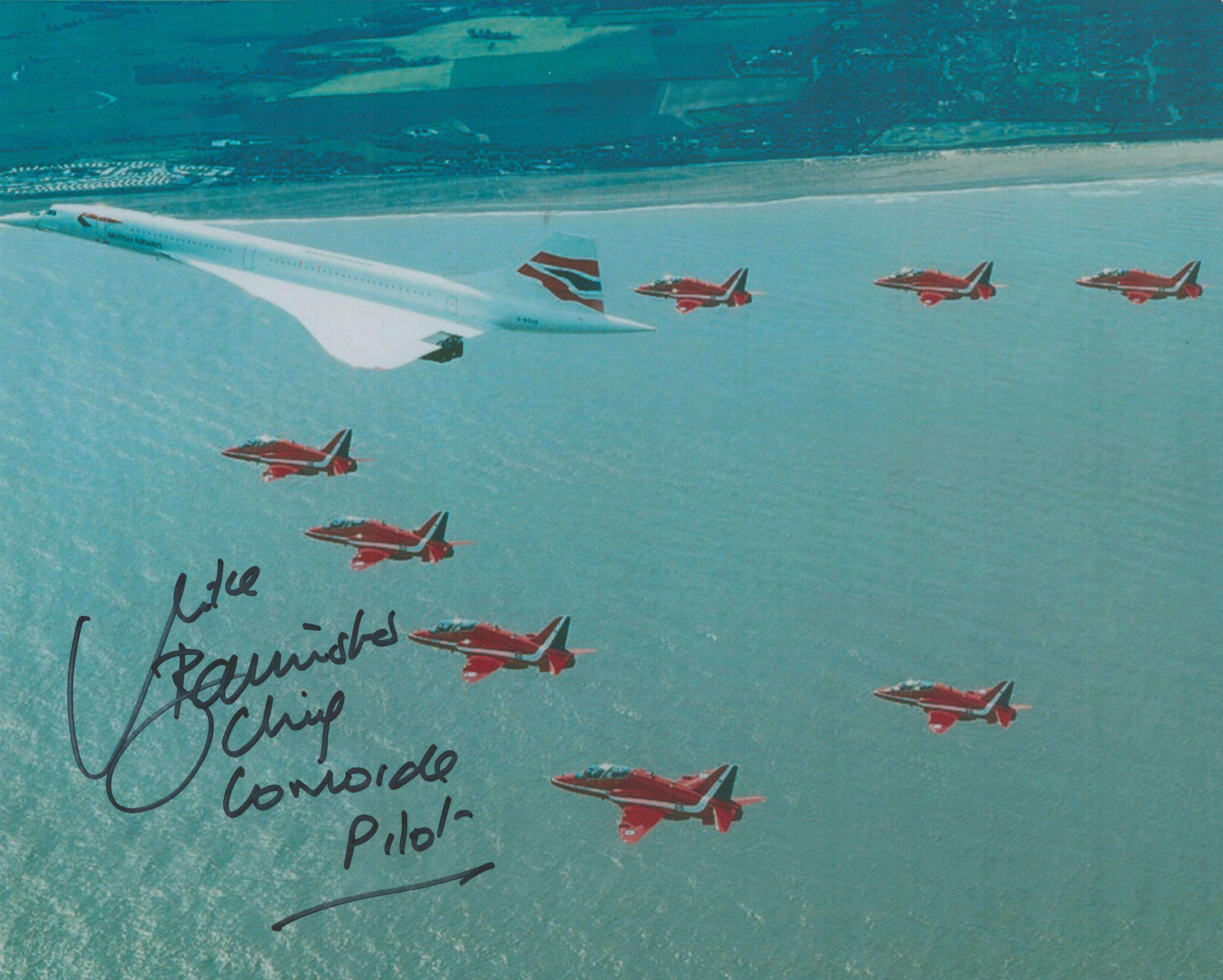 Mike Banister signed 10x8 colour photo. Concorde flying in formation with the Red Arrows. Chief