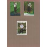 Bernhard Langer, Tom Lehman and Mark Calcavecchia signed trade cards. Attached to page with corner