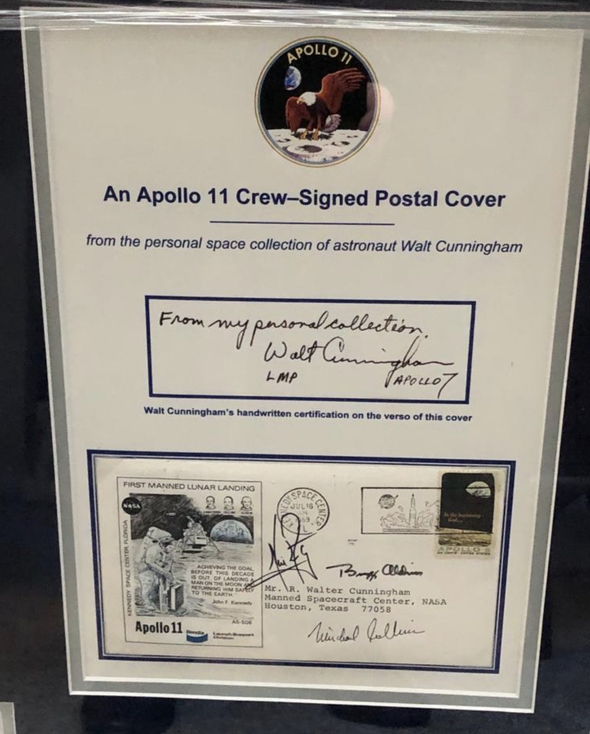 Apollo 11 signed autograph display. Astronauts, Neil Armstrong, Buzz Aldrin and Michael Collins