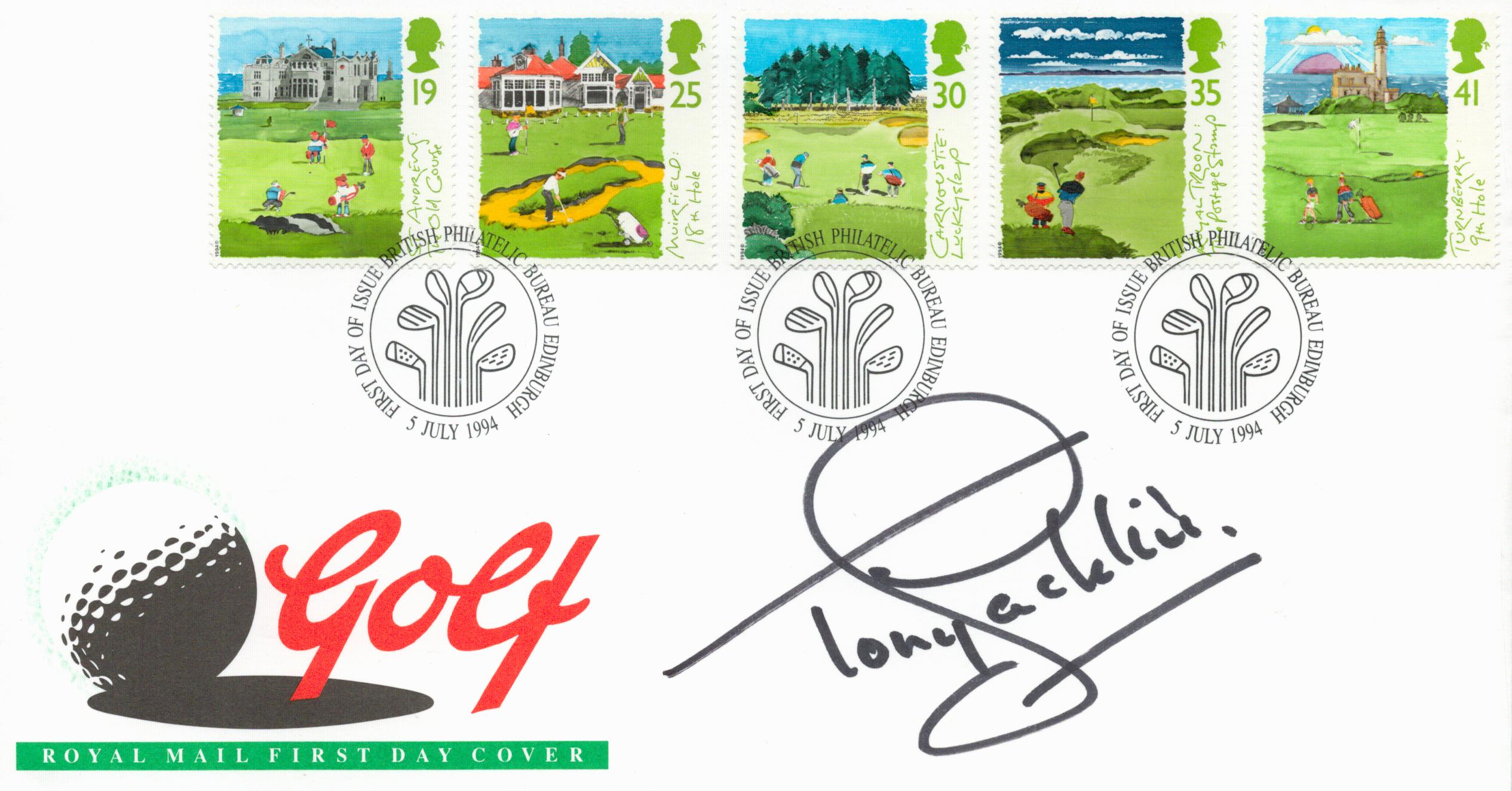 Golf Tony Jacklin signed Golf Royal Mail FDC Triple PM British Philatelic Bureau Edinburgh 5 July