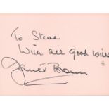James Bond Janet Brown signed 3x4 orange card dedicated to Steve. Brown played Margaret Thatcher