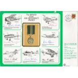 WW2 DM Medals Cover. 7 signatures including a rare signature. Flown in a Jet Provost Mk T3A.