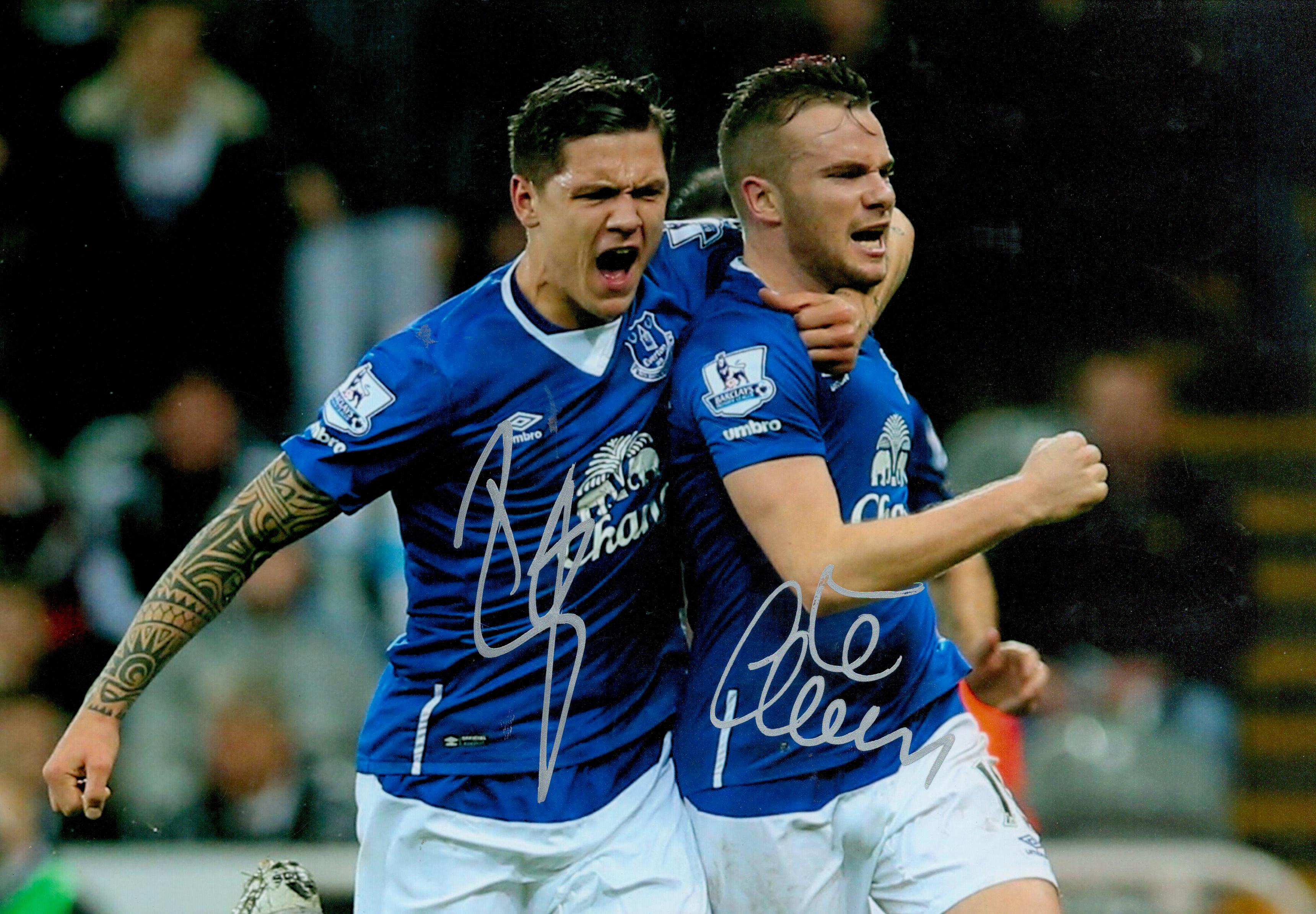 Football Everton stars Cleverley and Besic double signed 12 x 8 inch colour photo. Good condition.