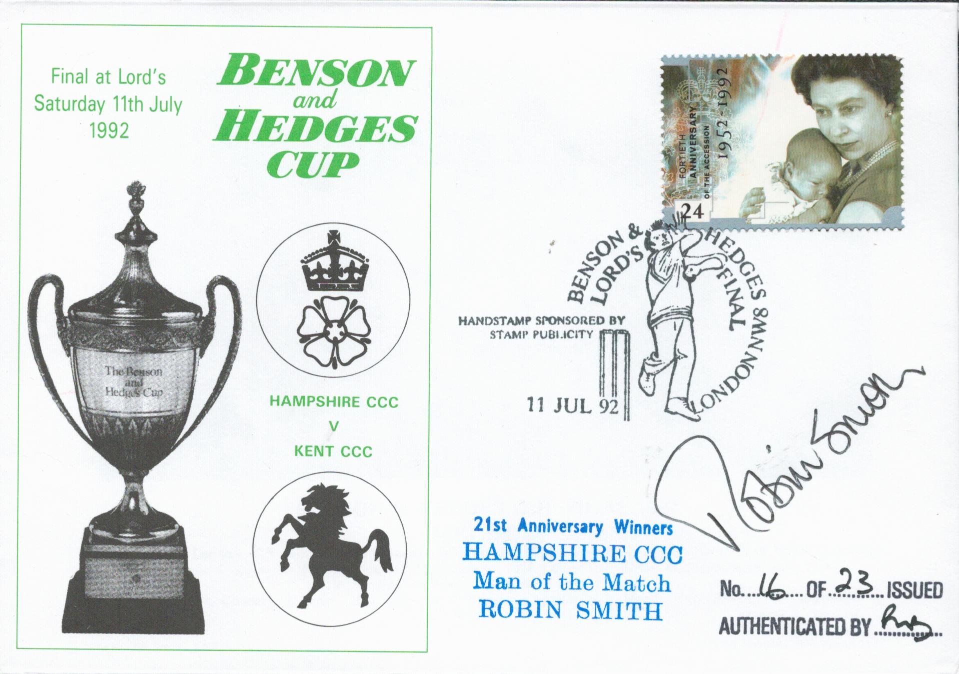 Cricket English Cricketer Robin Smith Signed Benson and Hedges Cup. 16 of 23 Covers Issued. Final At