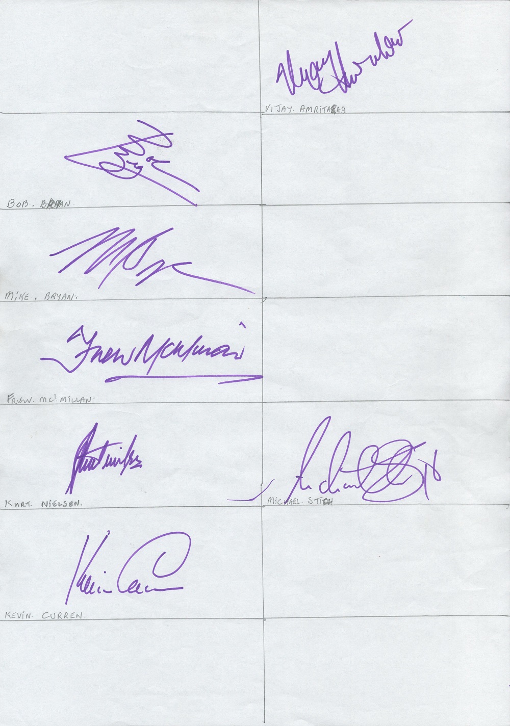 Superb Collection of 7 Male Tennis Stars Autograph on A3 White Paper inc Bob Bryan, Mike Bryan,