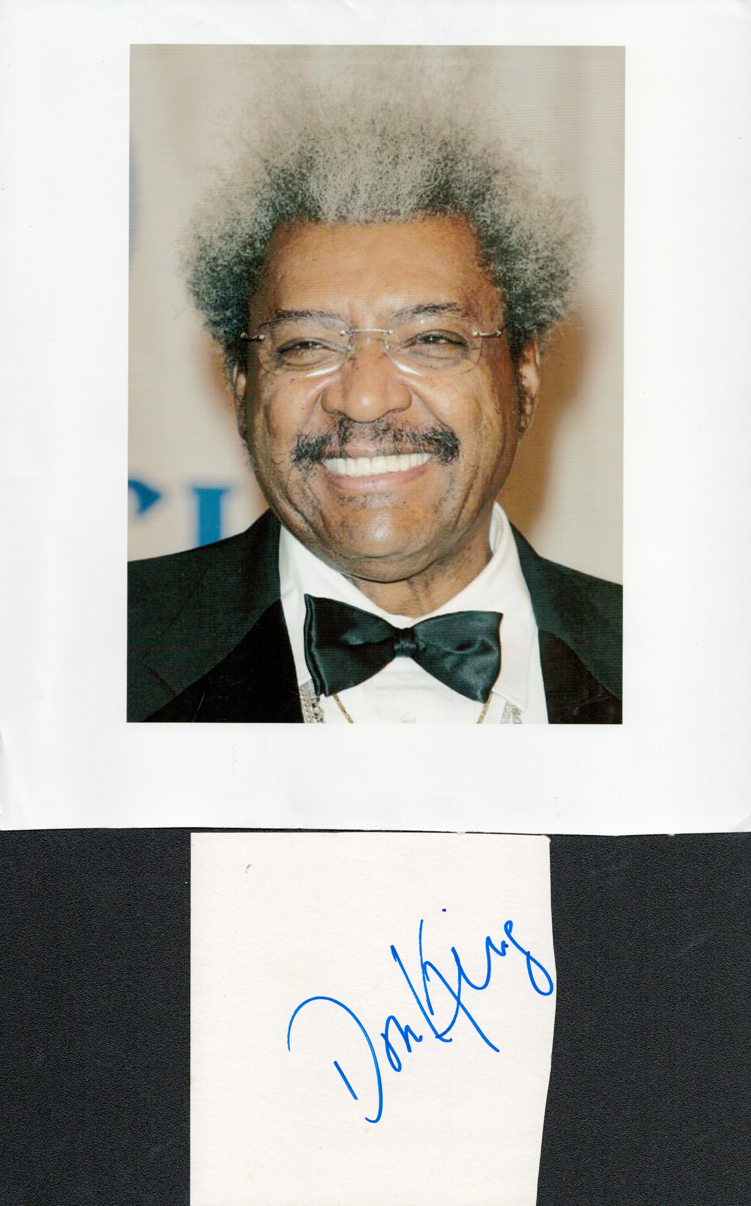 Don King boxing promoter signed white card with colour unsigned portrait photo. Good condition.