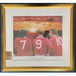 Manchester United Legends George Best, Denis Law and Bobby Charlton 30x28 mounted and framed