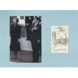 Margaret Thatcher signed bookplate mounted with b/w photo of the Iron Lady standing next to Ronald