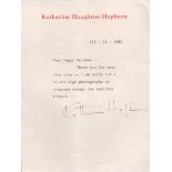 Actor, Katharine Hepburn TLS dated 25th March 1985. This lovely letter is on headed paper and is