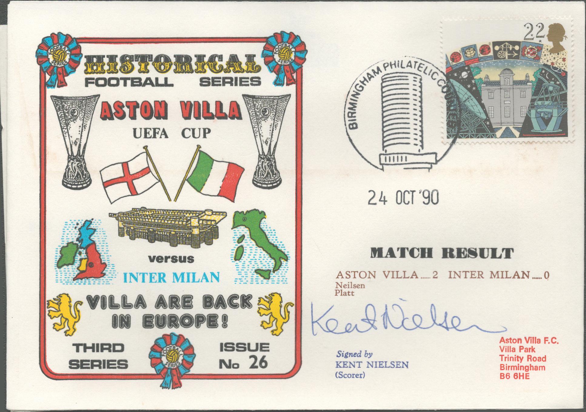 Kent Nielsen signed official Aston Villa V Inter Milan 1990 Dawn Official Football First Day Cover