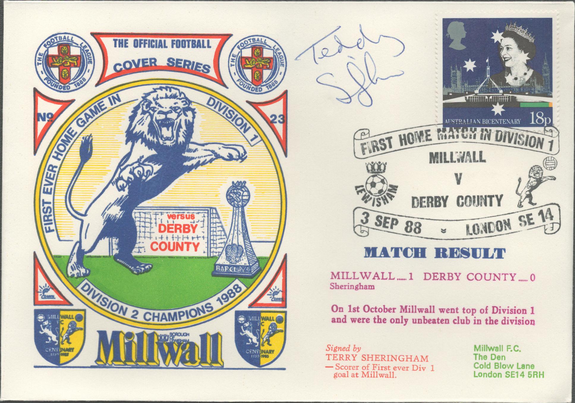Teddy Sheringham signed official Millwall V Derby County 1988 Dawn Official Football First Day Cover