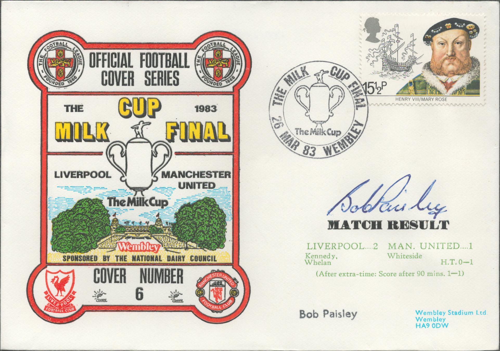 Bob Paisley signed official Liverpool V Manchester United 1983 Dawn Official Football First Day