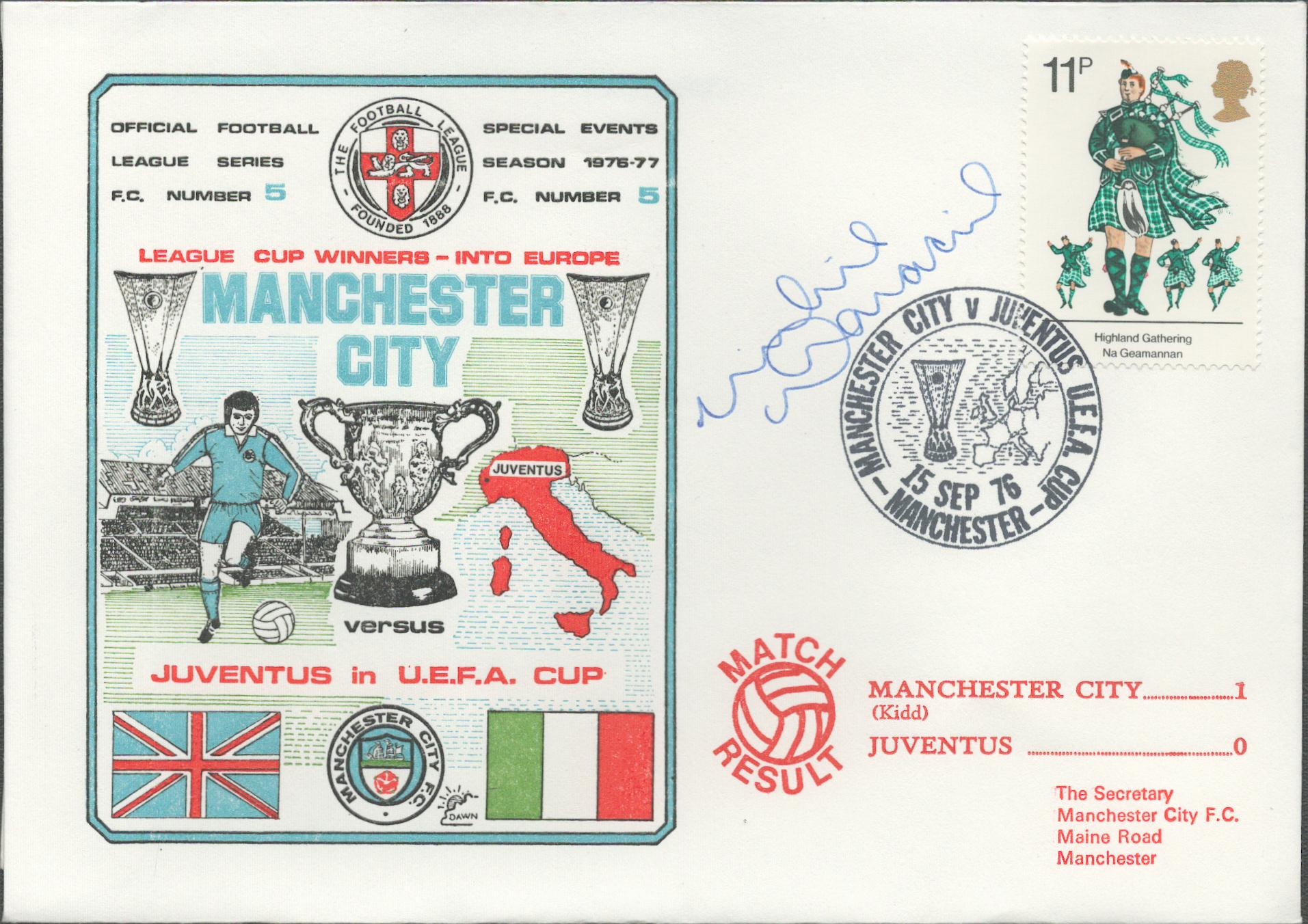 Willie Donachie signed official Manchester City V Juventus 1976 Dawn Official Football First Day