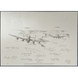 WW2 Black and White Print Lancaster Return by Stephen Teasdale Multi Signed by Basil Fish, Benny