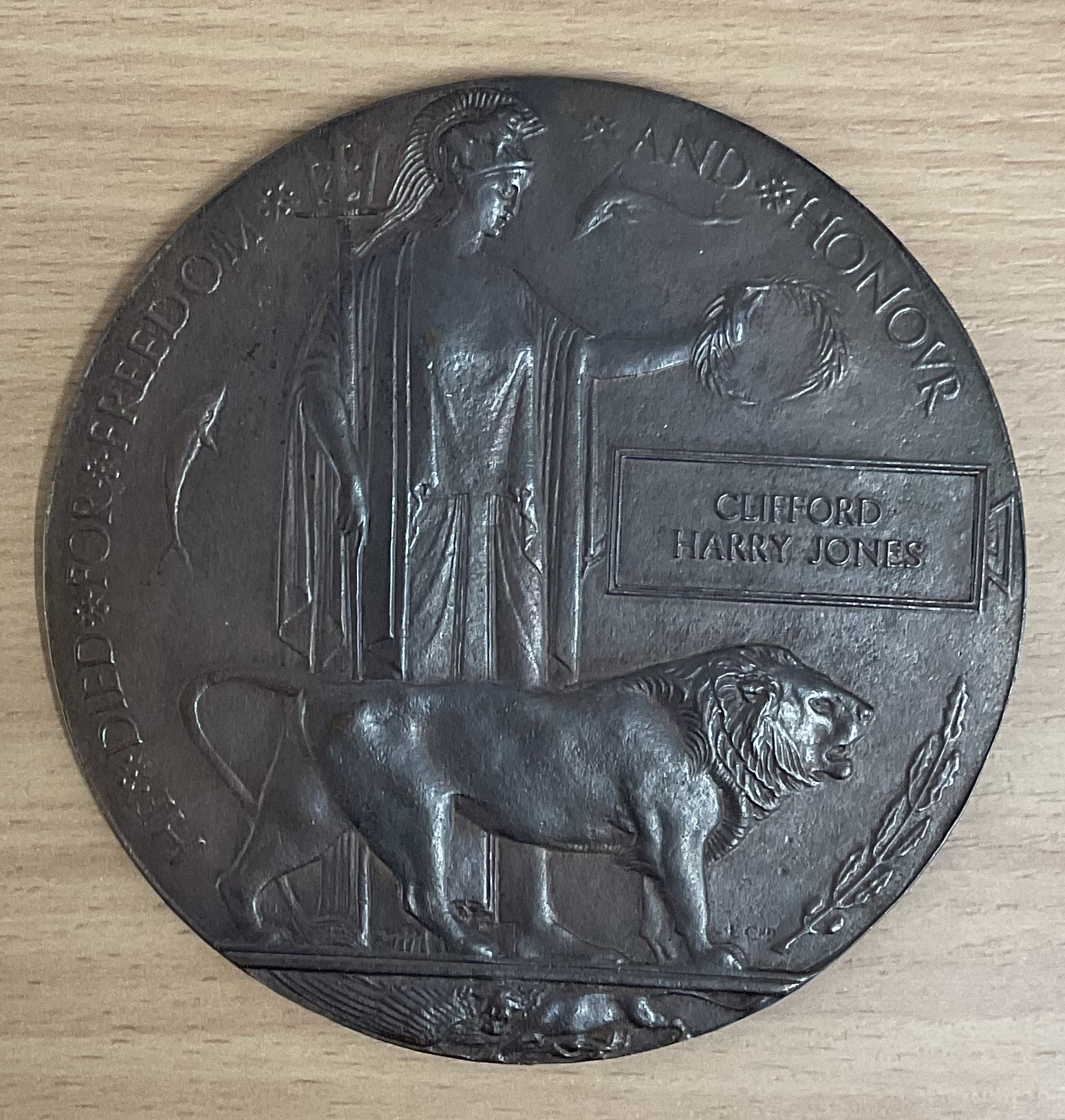 WW1 Death Plaque for Rifleman Clifford Henry Jones of 16th London Regiment, Westminster Rifles.