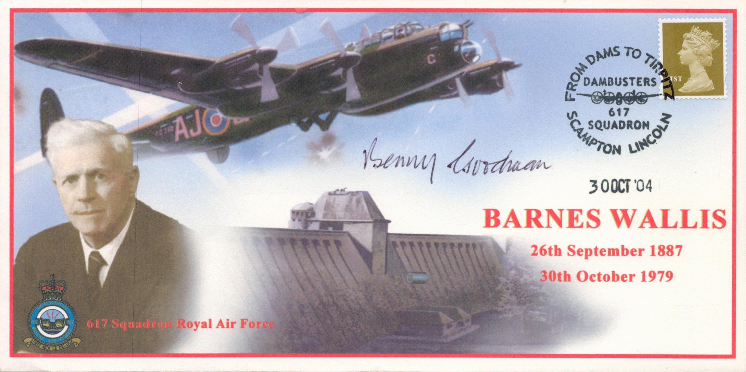 WW2 Sqn Ldr Benny Goodman Signed Barnes Wallis FDC. 4 of 5 Covers Issued. British stamp with 3 Oct