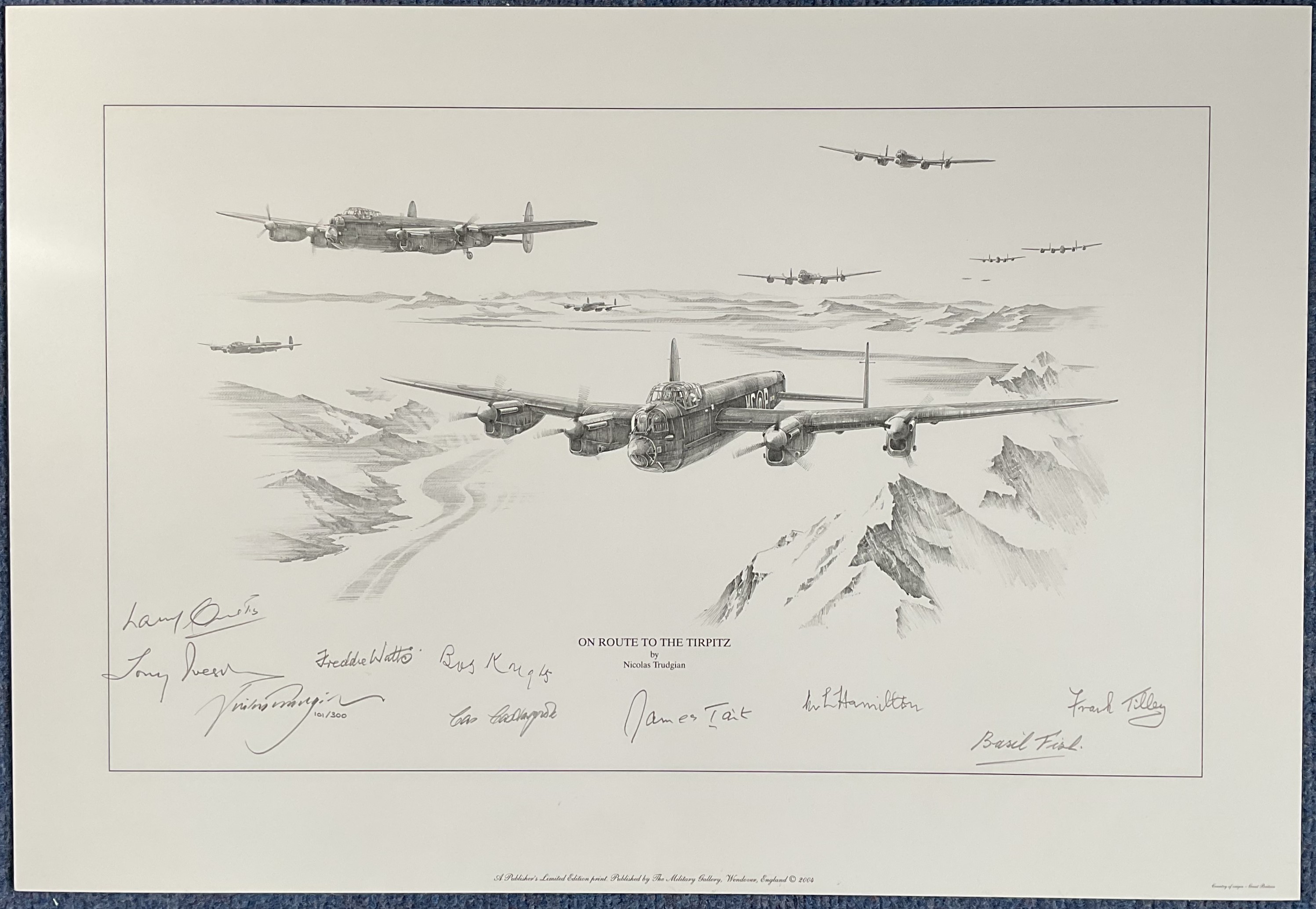 WW2 Black and White Print On Route To The Tirpitz by Nicolas Trudgian Multi Signed by Freddie Watts,