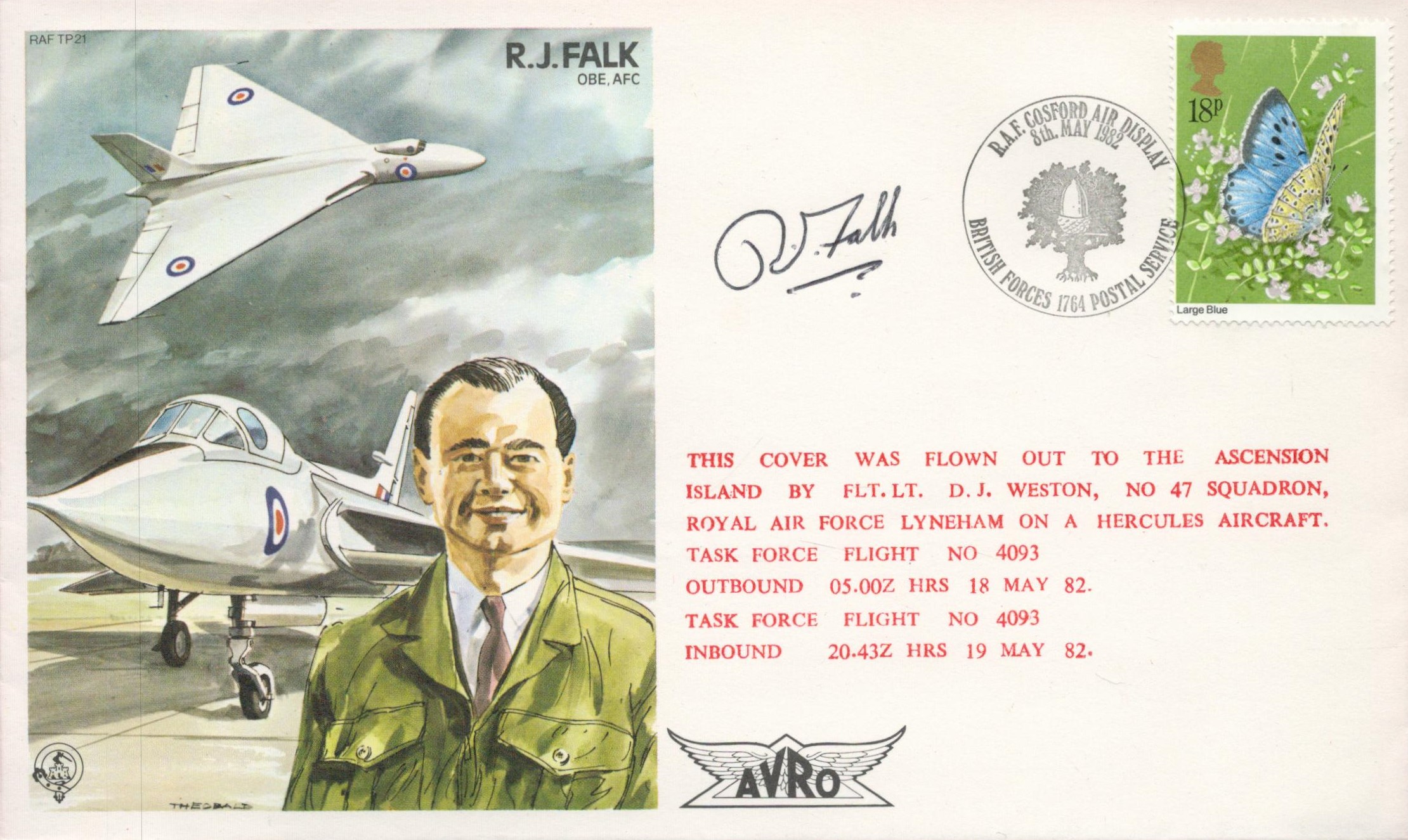 RJ Falk OBE AFC Signed Personal Cover 942 1083 RAF TP21. Flown in a Hercules. British 18p Stamp with