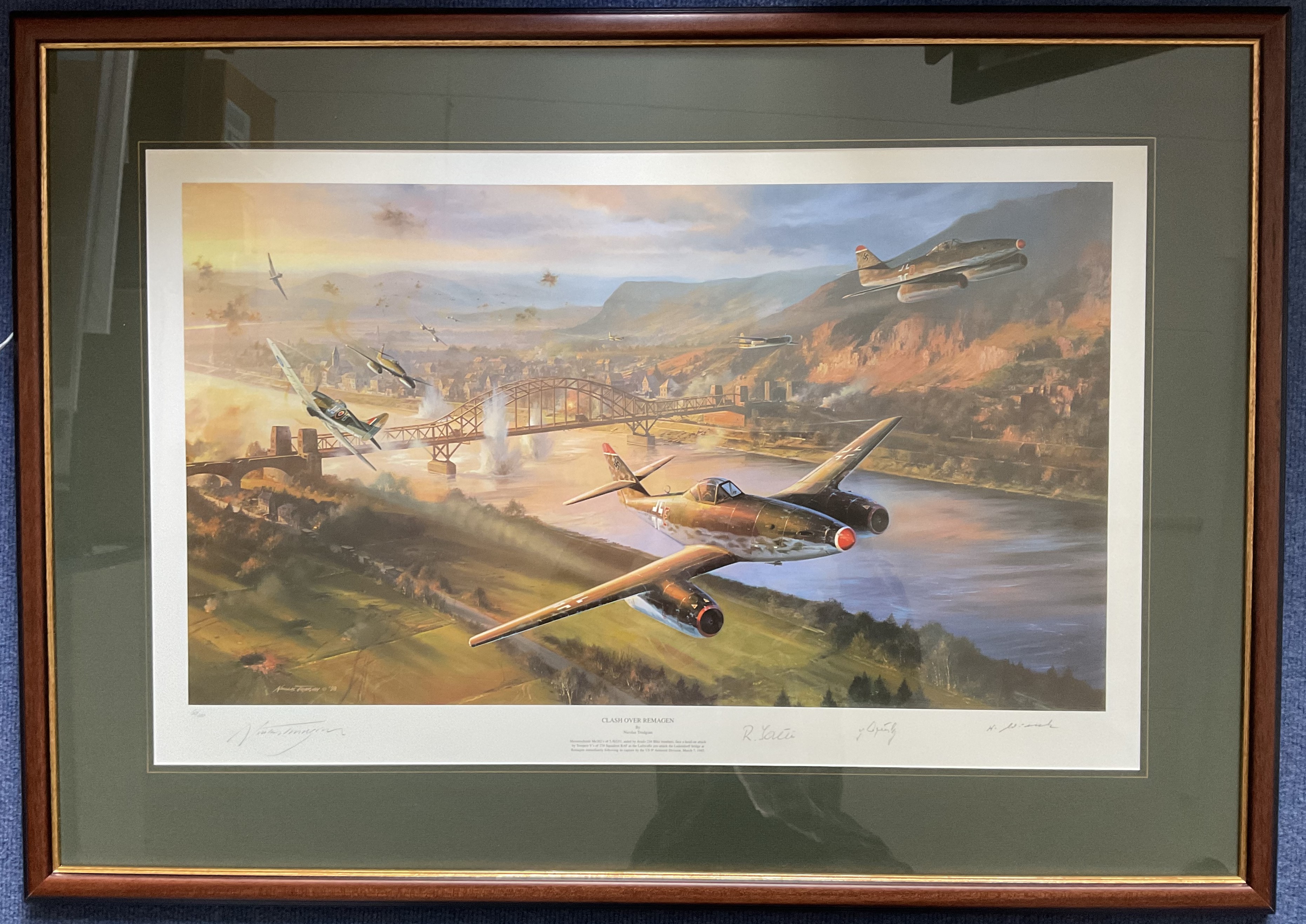 WW2 Colour Print Clash Over Remagen by Nicolas Trudgian Multi Signed by Georg Csurusky, Rony