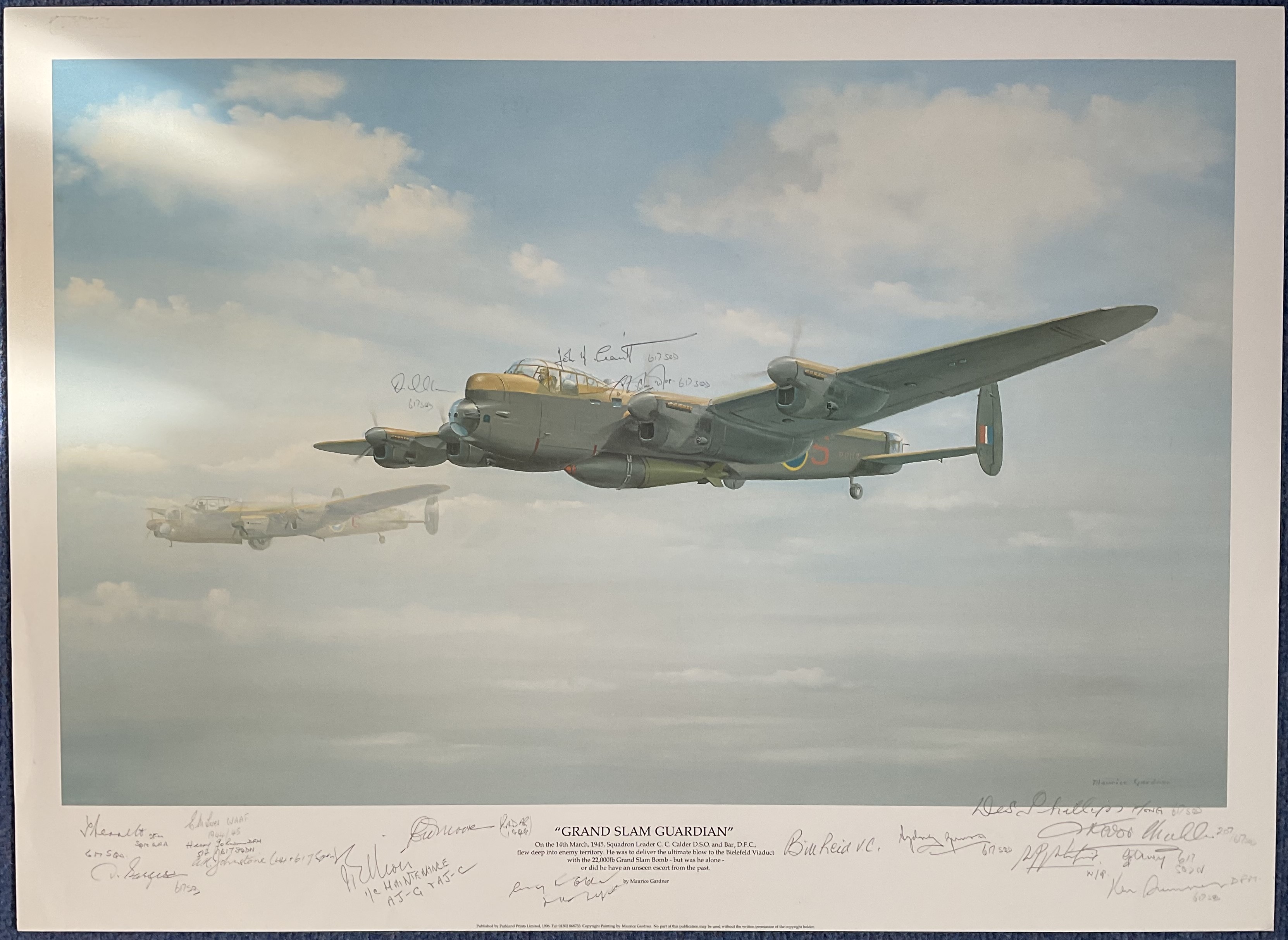 WW2 Colour Print Grand Slam Guardian by Maurice Gardner Multi Signed by Harry Johnson, Bill Reid,