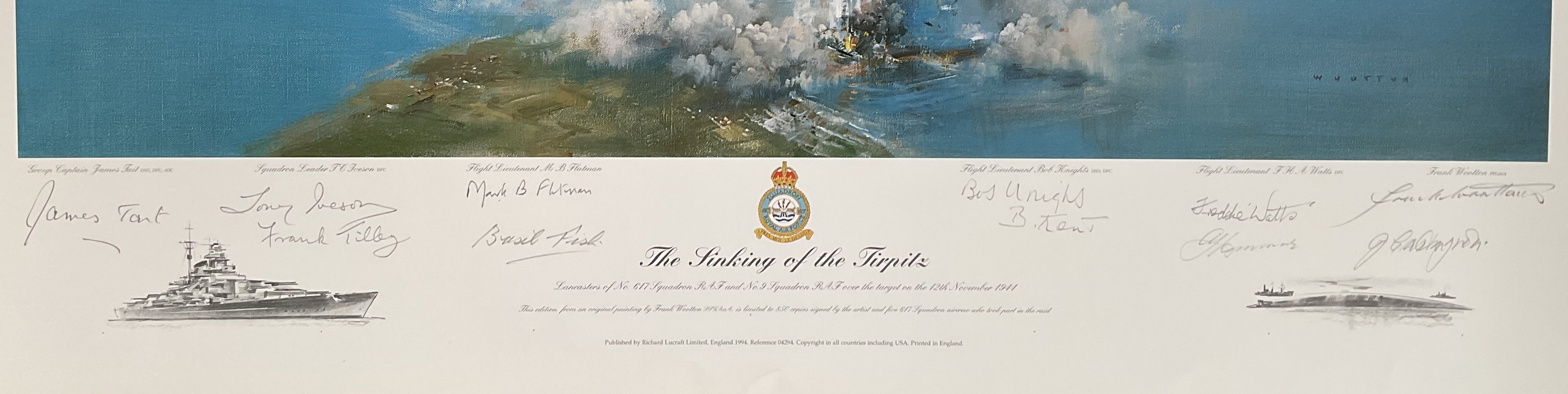 WW2 Colour Print The Sinking Of The Tirpitz by Frank Wootton Multi Signed by James Tait, Tony - Image 2 of 2