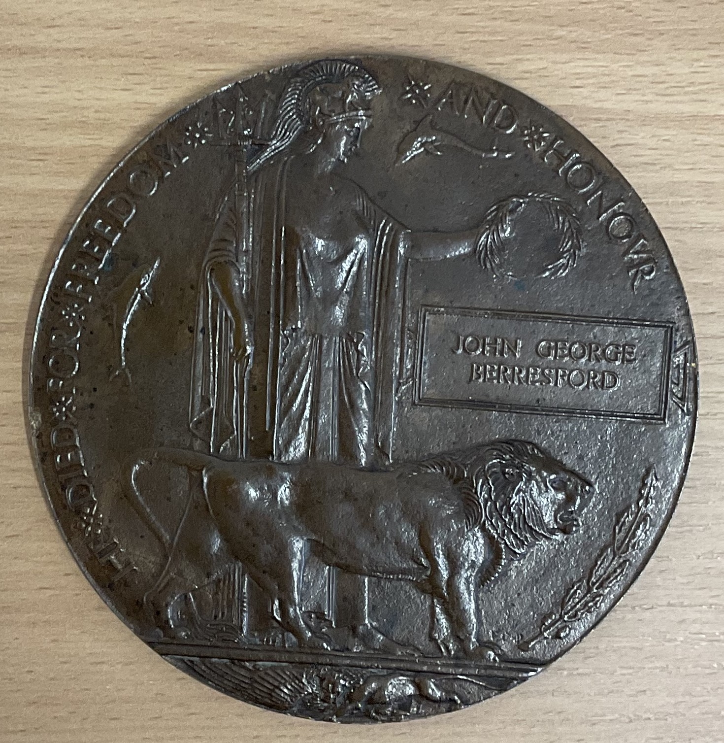 WW1 Death Plaque for Stoker 1st Class John George Beresford Royal Navy HMS Shark. Bronze Plated