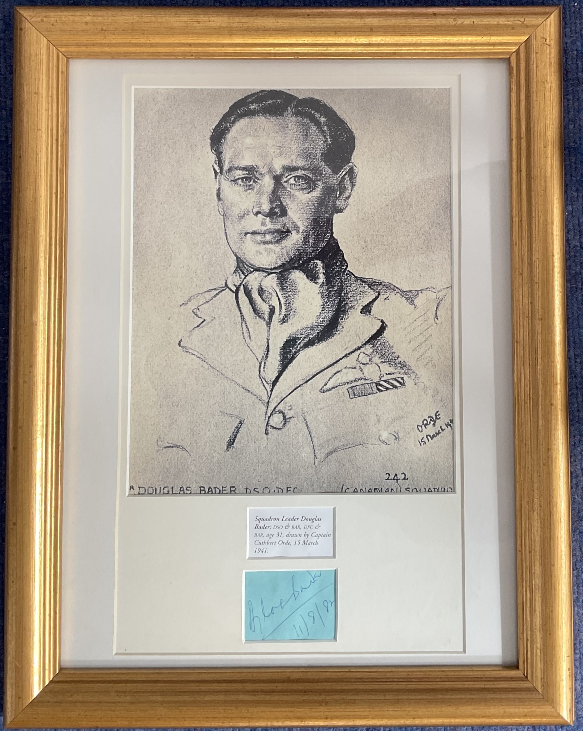 WW2 Squadron Leader Douglas Bader Pencil Drawing Print by Cuthbert Orde drawn 15th March 1941 with