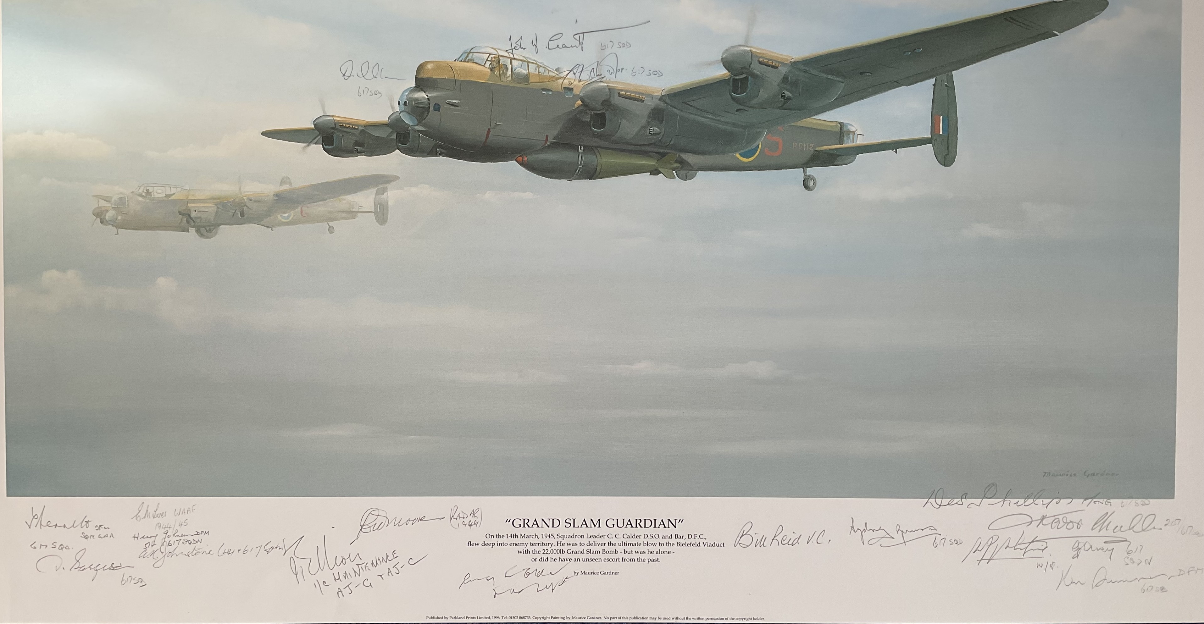 WW2 Colour Print Grand Slam Guardian by Maurice Gardner Multi Signed by Harry Johnson, Bill Reid, - Image 2 of 2