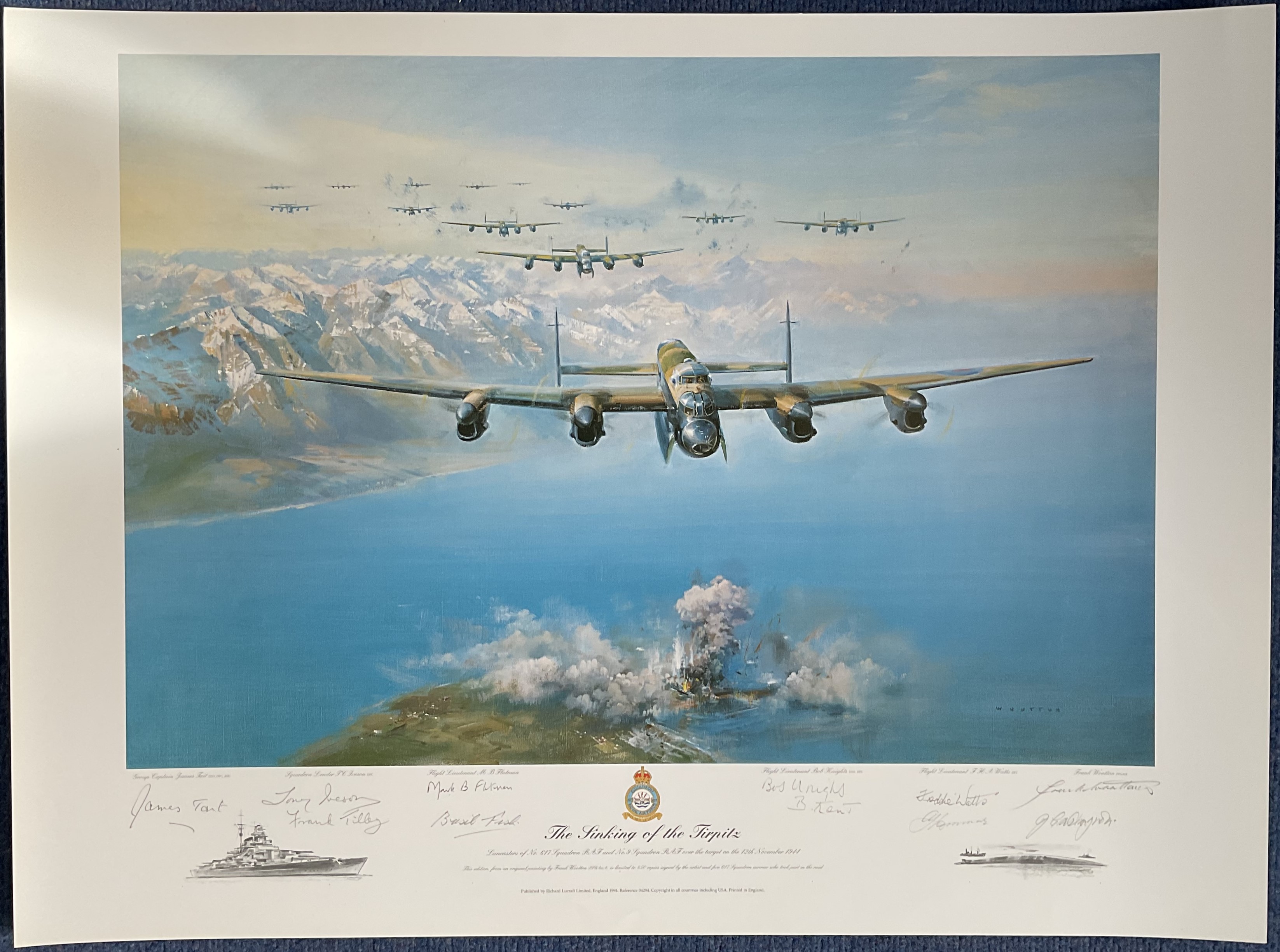 WW2 Colour Print The Sinking Of The Tirpitz by Frank Wootton Multi Signed by James Tait, Tony