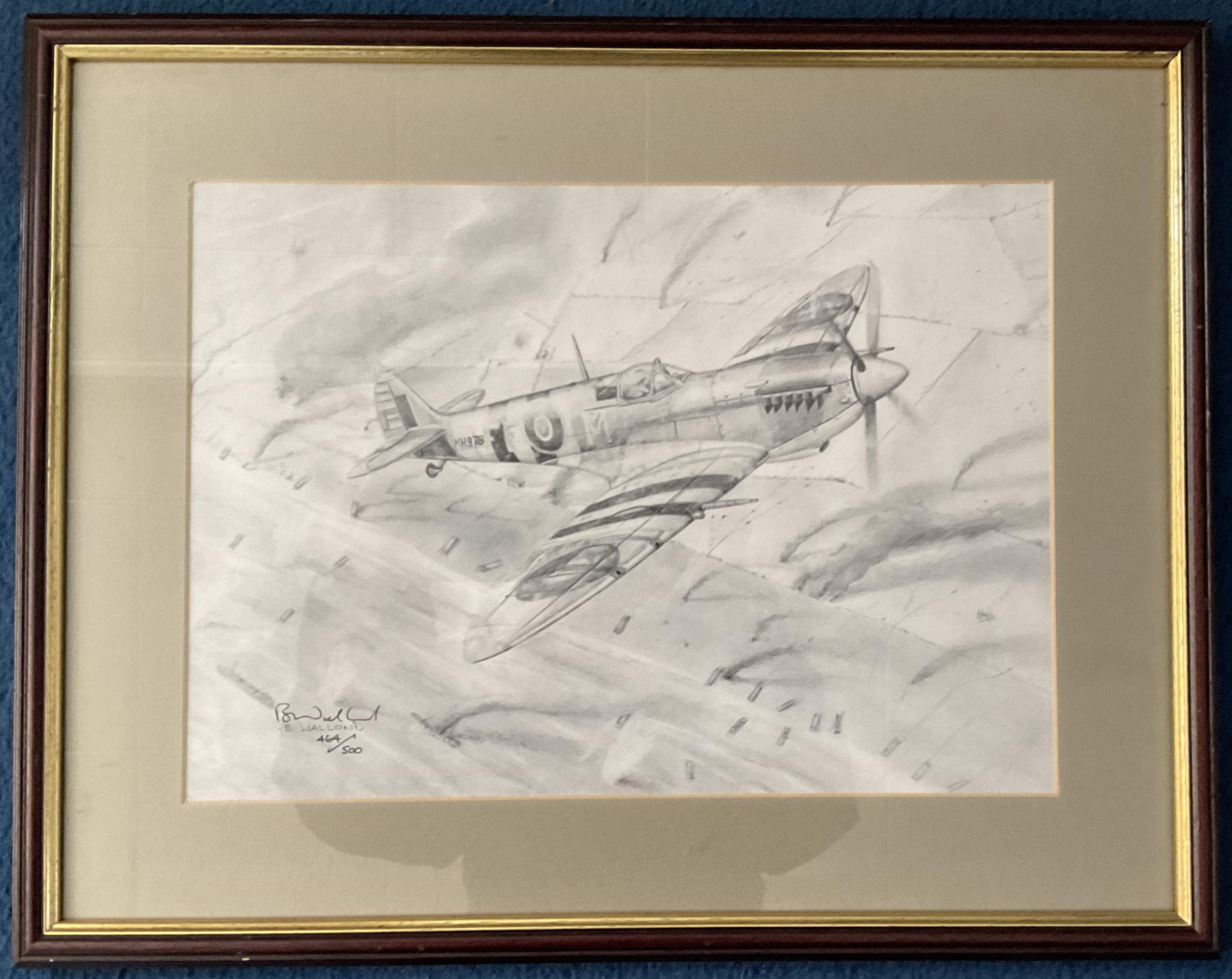 WW2 Collection of 2 Black and White Pencil Drawn Prints Signed by the Artist B Wallond Showing RAF - Bild 2 aus 2