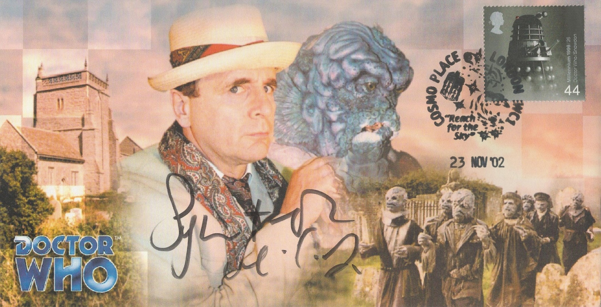 Sylvester McCoy signed Doctor Who FDC. Postmark Cosmo Place 23 Nov 02, and stamp. Cover number 265/