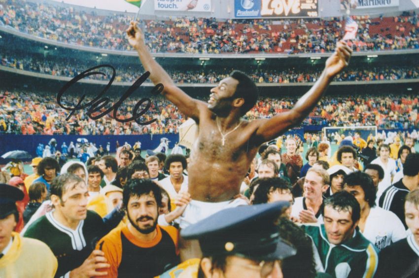 Pele Football Legend Signed 12x8 inch Colour Photo Showing an Iconic Image. Signed in black ink.