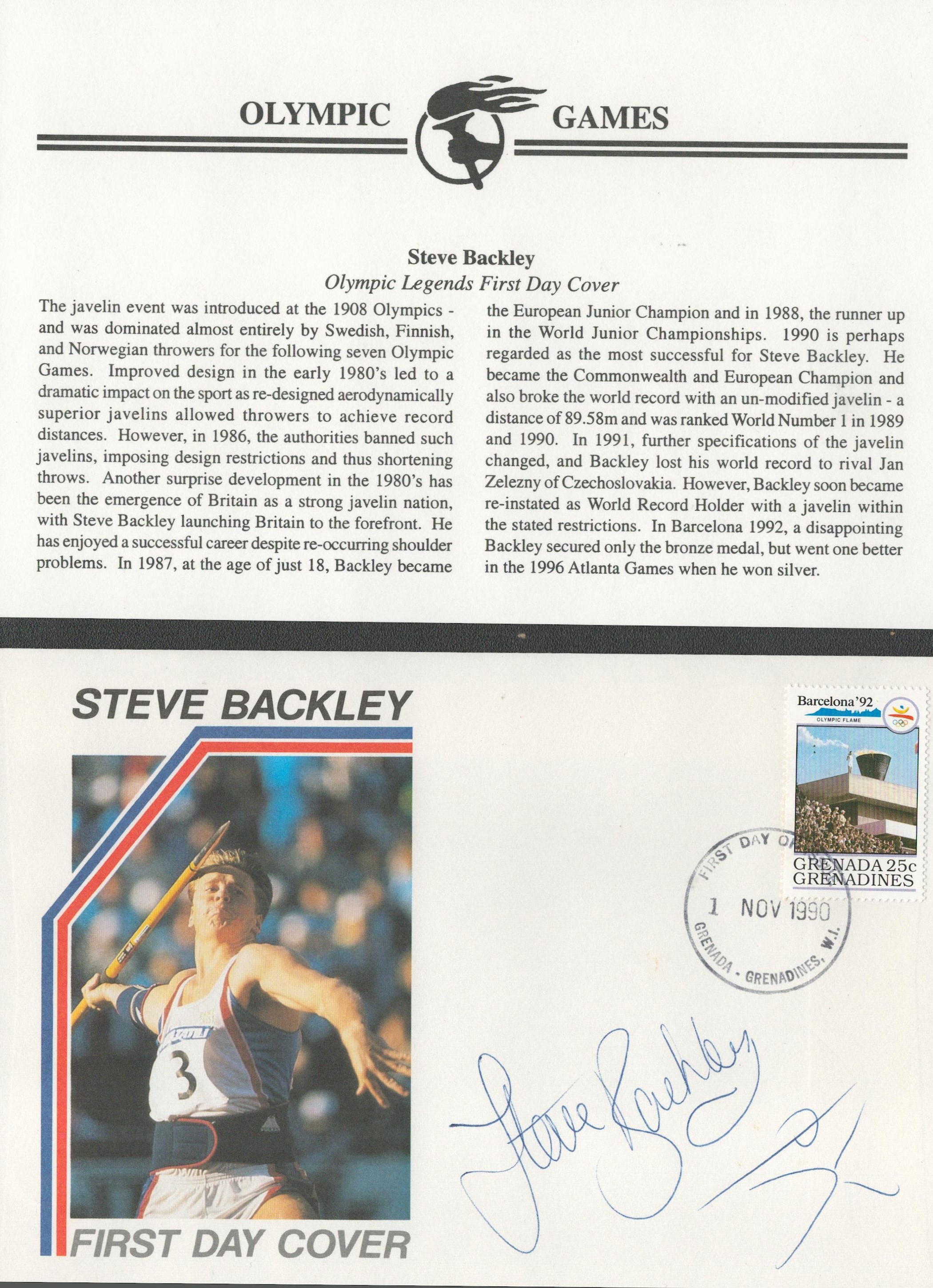 Steve Backley signed FDC. Includes 1 Postmark November 1st, 1990, 1 stamp. Good condition. All