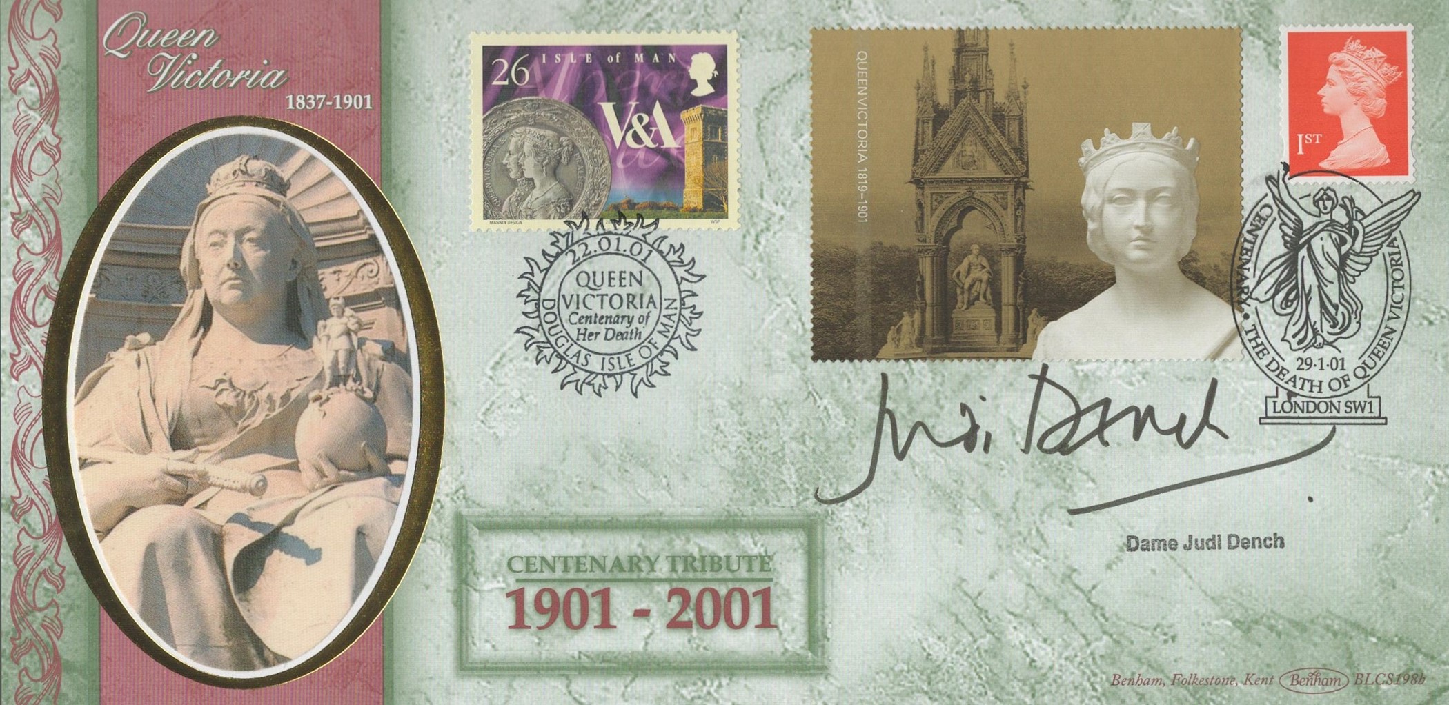 Judi Dench signed Queen Victoria tribute FDC. Centenary Tribute 1901-2001. 2 postmarks 22/1/01 and