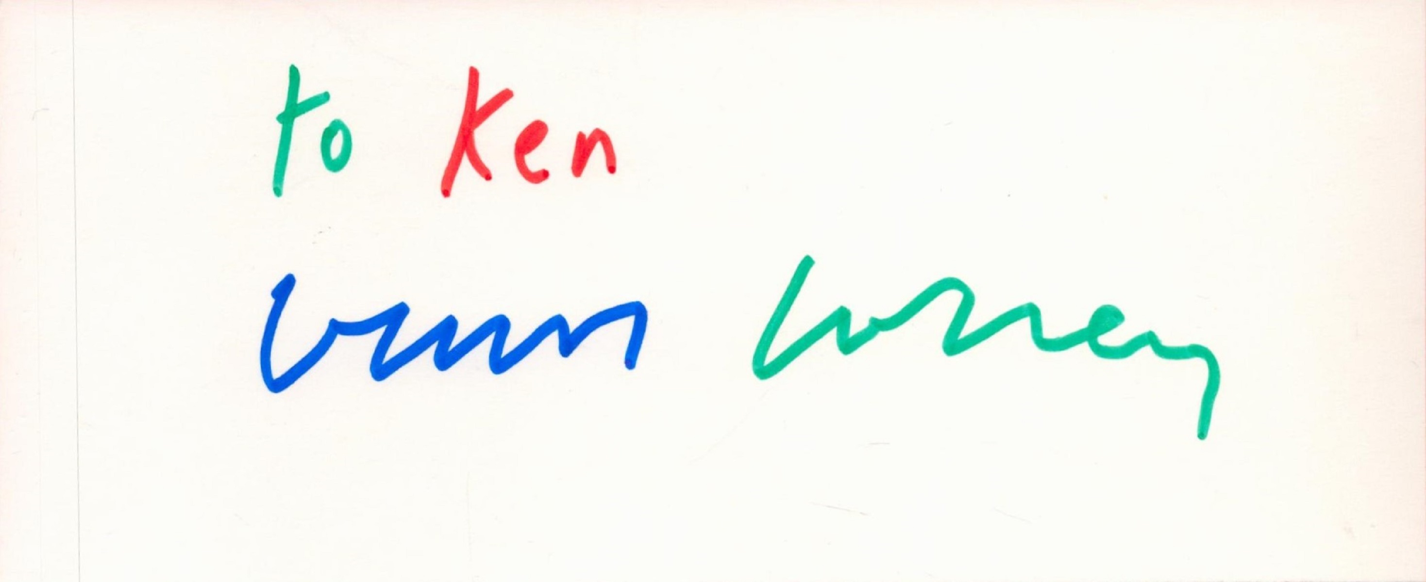 David Hockney, a signed and dedicated (in green, red and blue ink) white 6. 5x3 card. A British