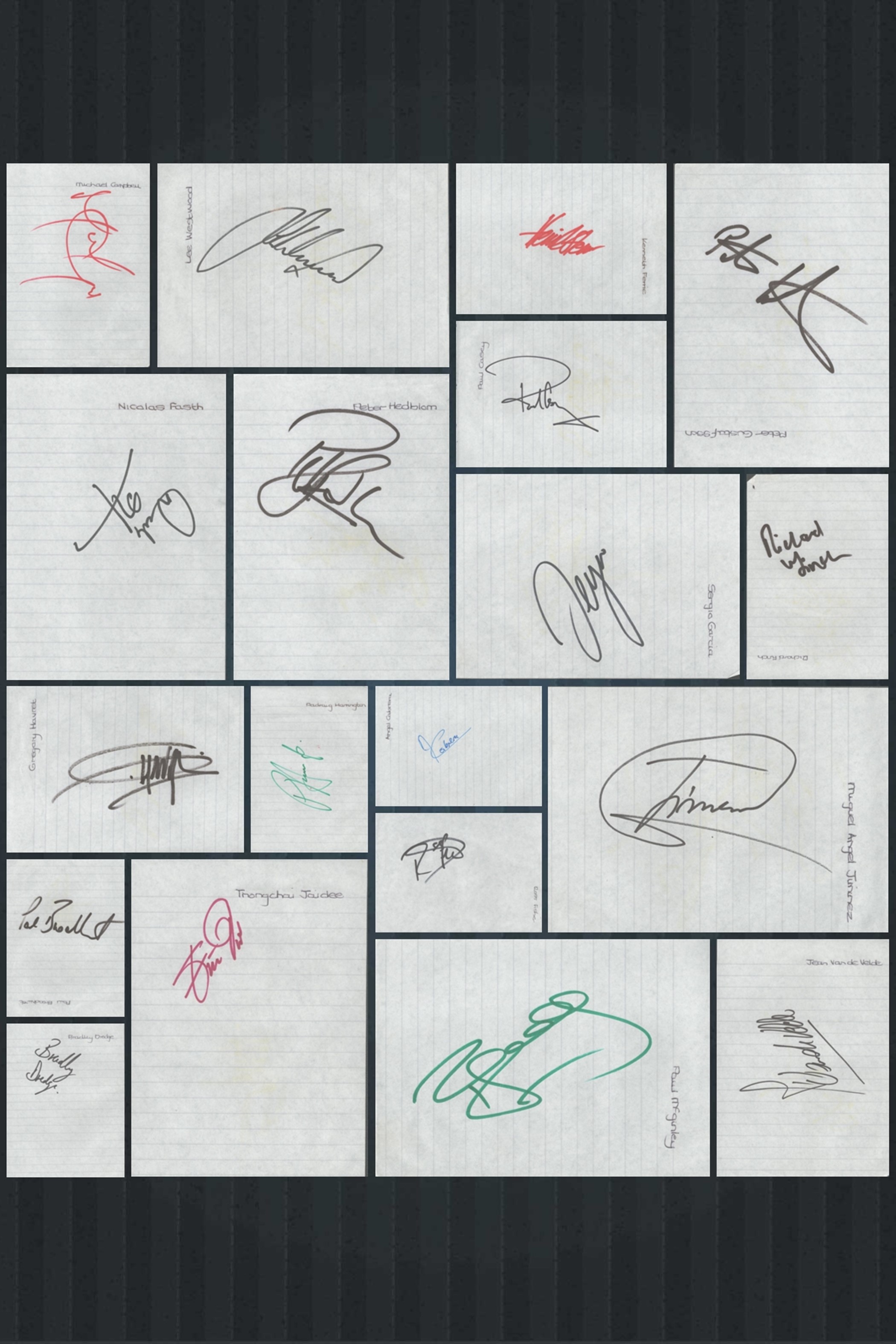 Golf Collection of 27 Autographs Obtained at 2008 Volvo Masters at Valderrama inc Padraig