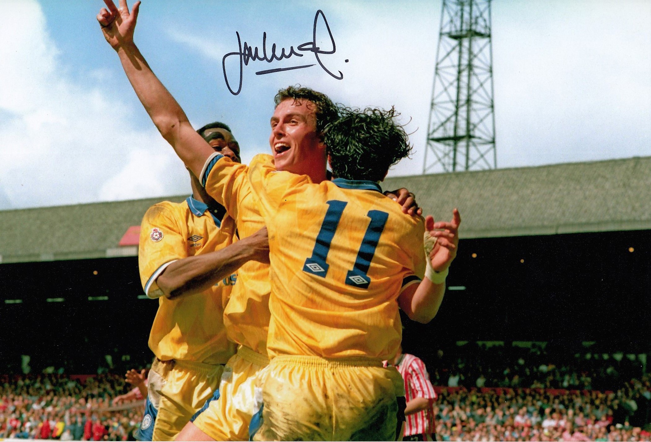 Autographed JON NEWSOME 12 x 8 photo - Col, depicting Chris Fairclough and Gary Speed celebrating