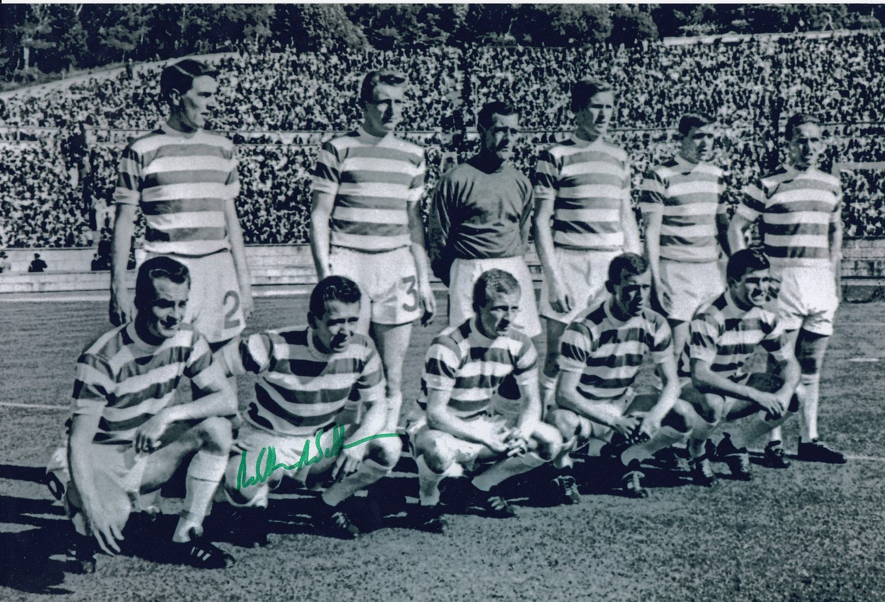 Autographed WILLIE WALLACE 12 x 8 photo - B/W, depicting Celtic players including striker WILLIE