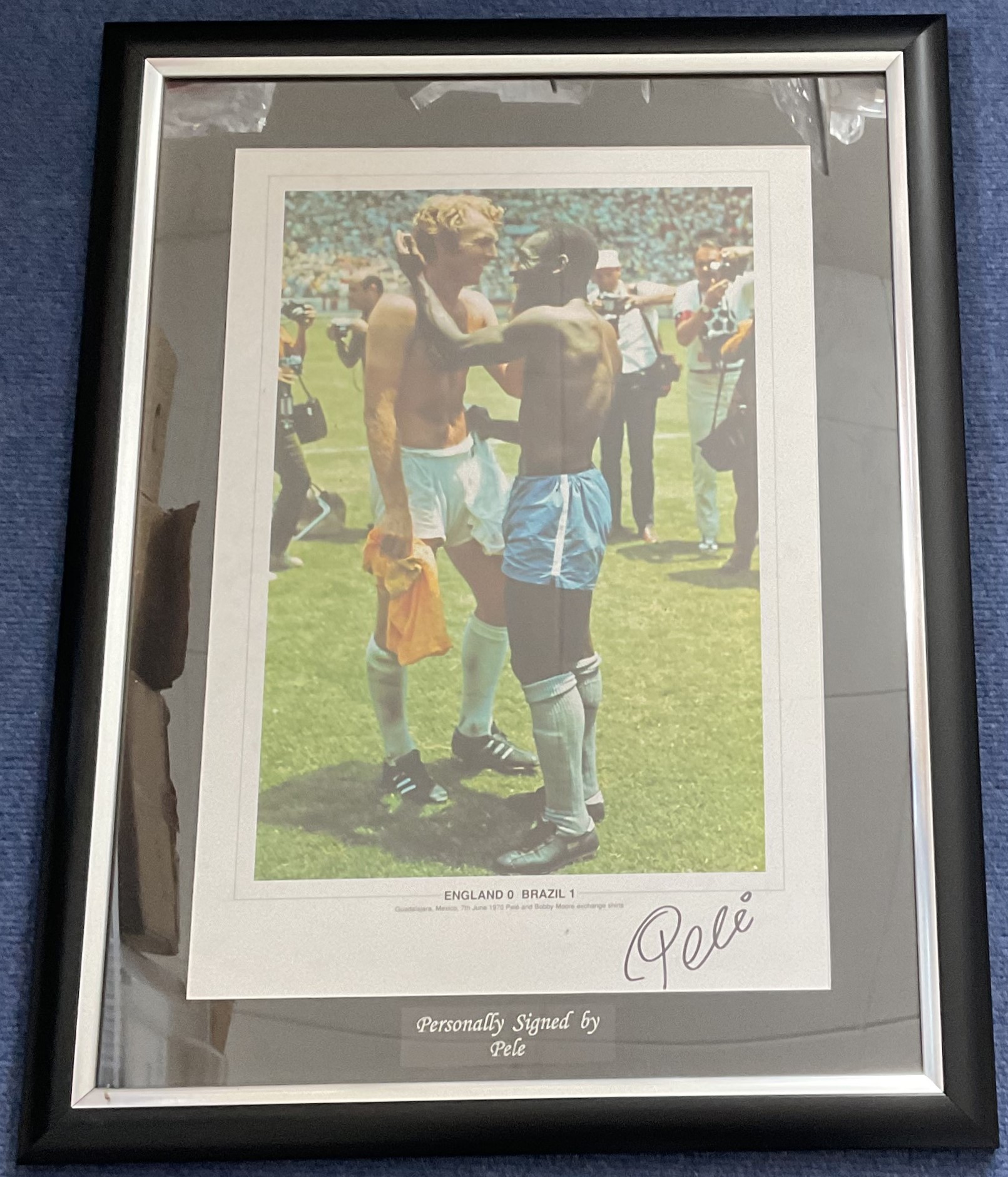 Football Pele Signed Colour Print Housed in a Presentation Frame with Named Plaque. Signed in