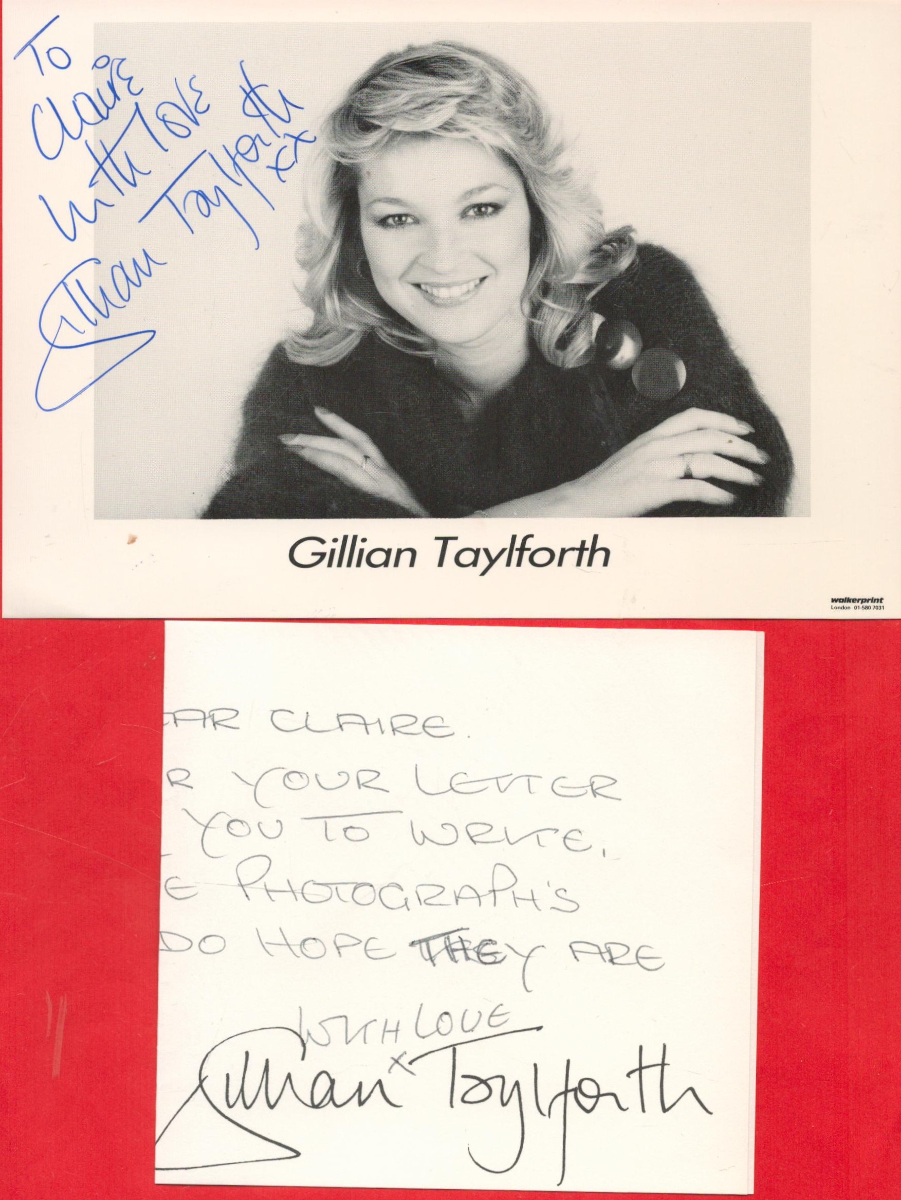 Actor, Gillian Taylforth signed 6x4 black and white promo photograph dedicated to Claire. This photo
