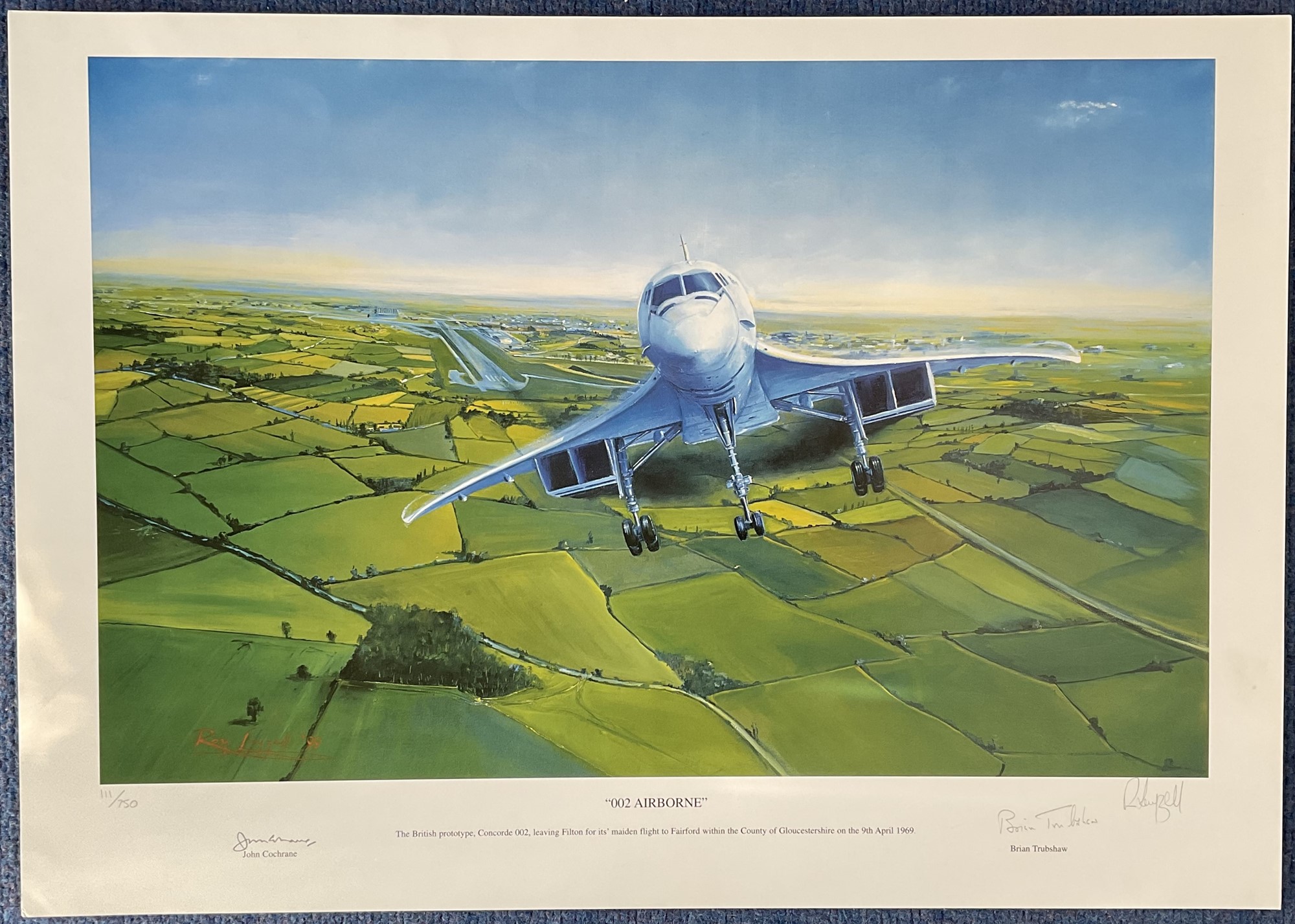 RAF Colour Print Titled 002 Airborne Signed by John Cochrane, Brian Trubshaw and the Artist Roy