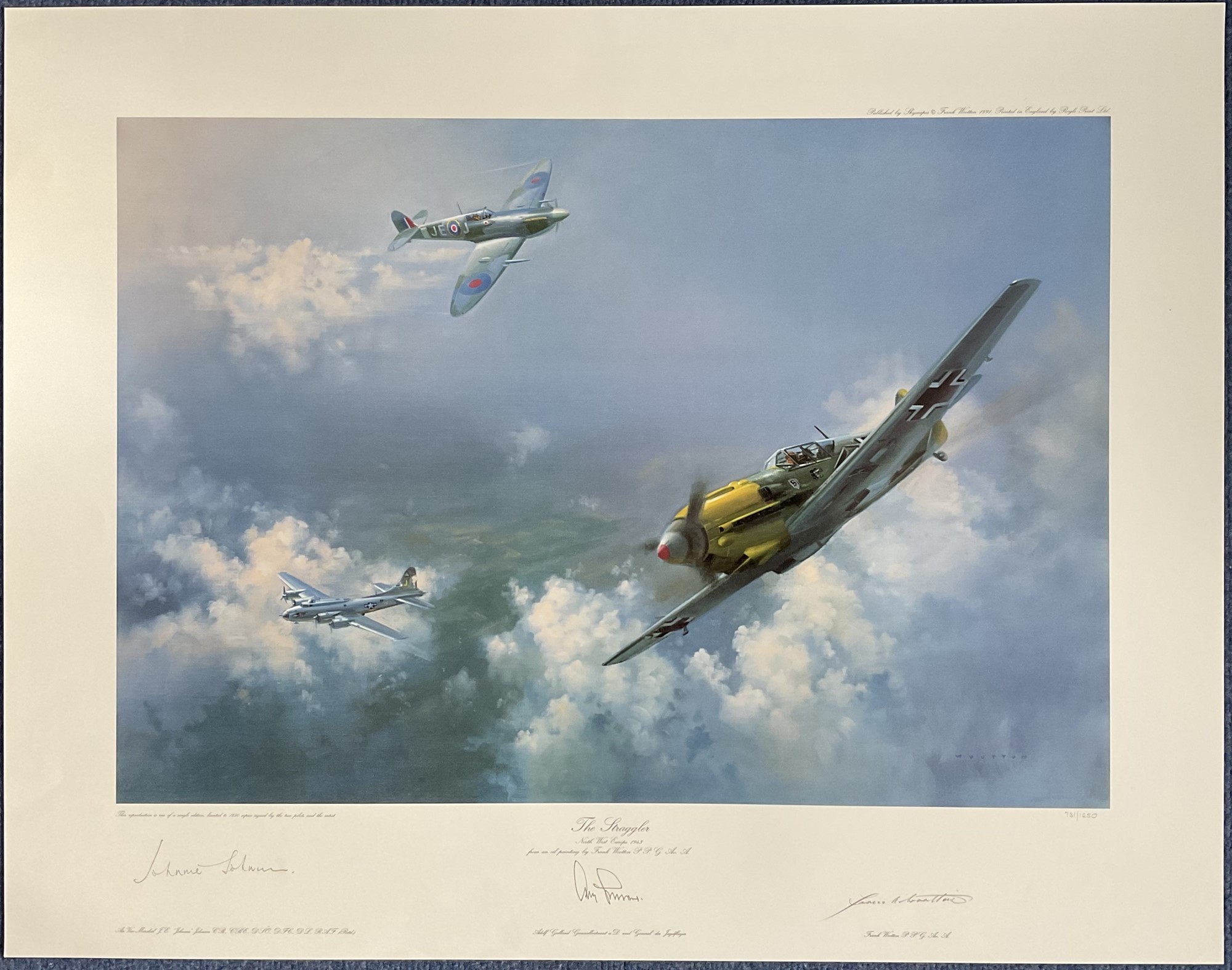 WW2 Colour Print The Straggler by Frank Wootton Multi Signed by Johnnie Johnson, Adolf Galland,