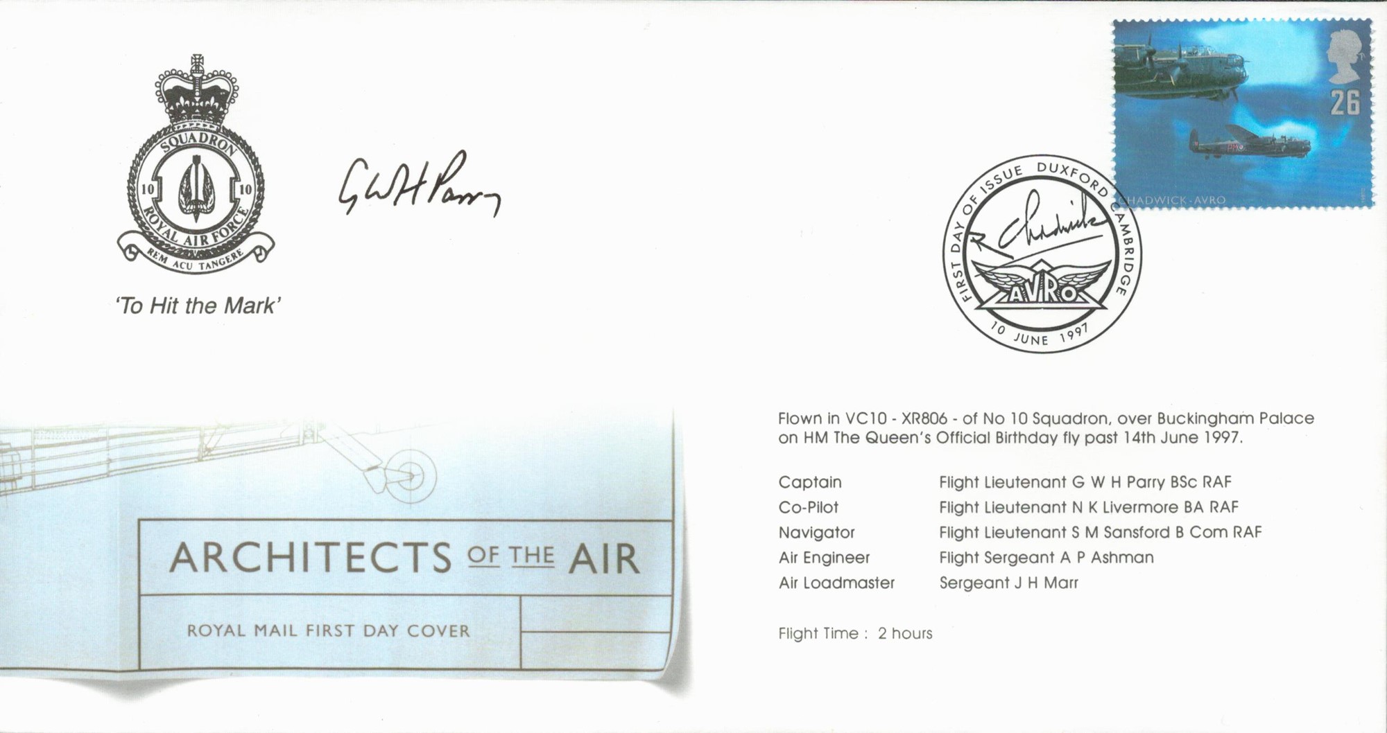 Flt Lt G W H Parry of No. 10 Squadron Signed Architects of the Air Flown FDC. Flown in VC10 XR806