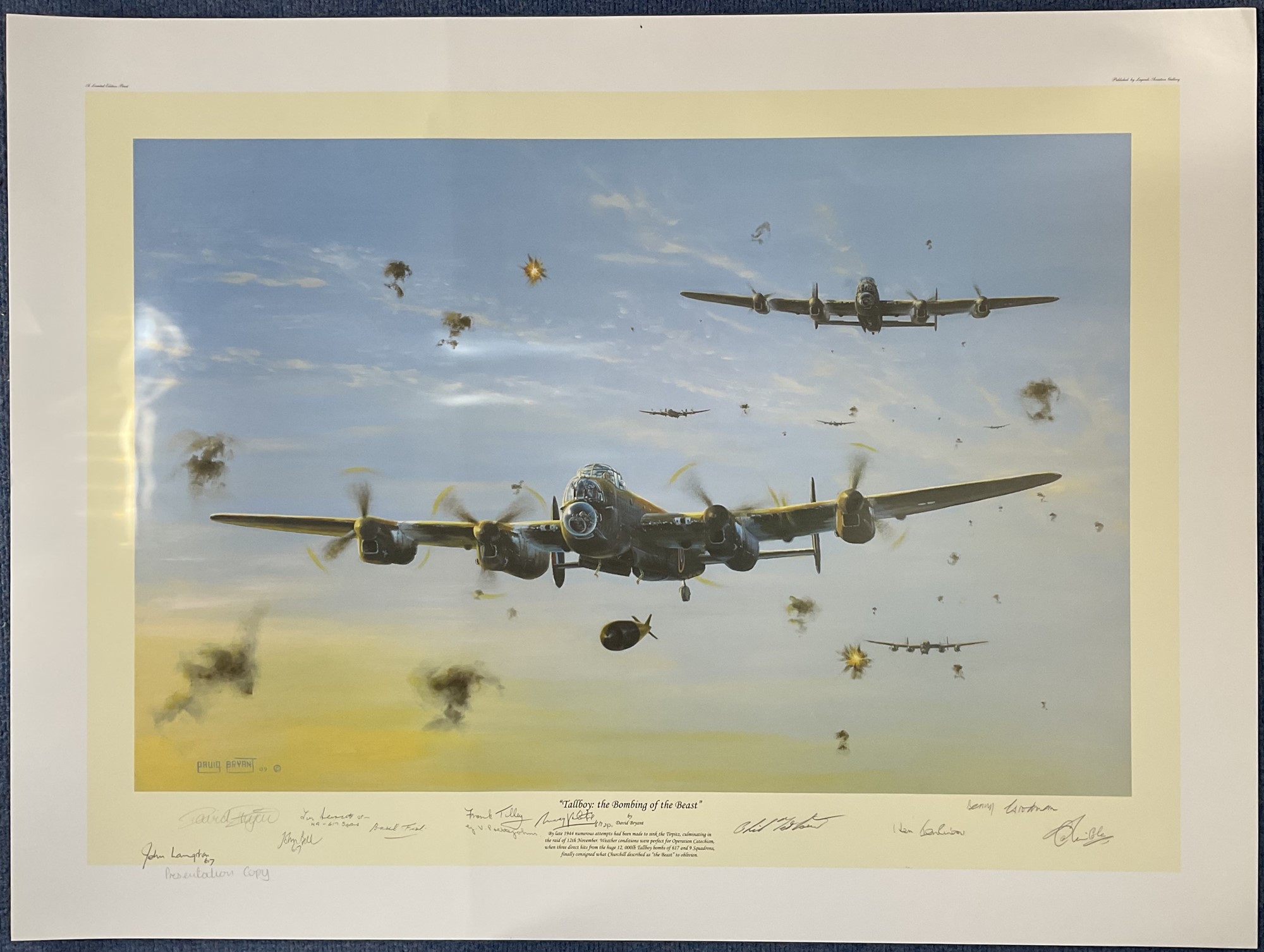 WW2 11 Dambusters signed David Bryant colour Print Titled Tallboy: Bombing Of The Beast. Signed in