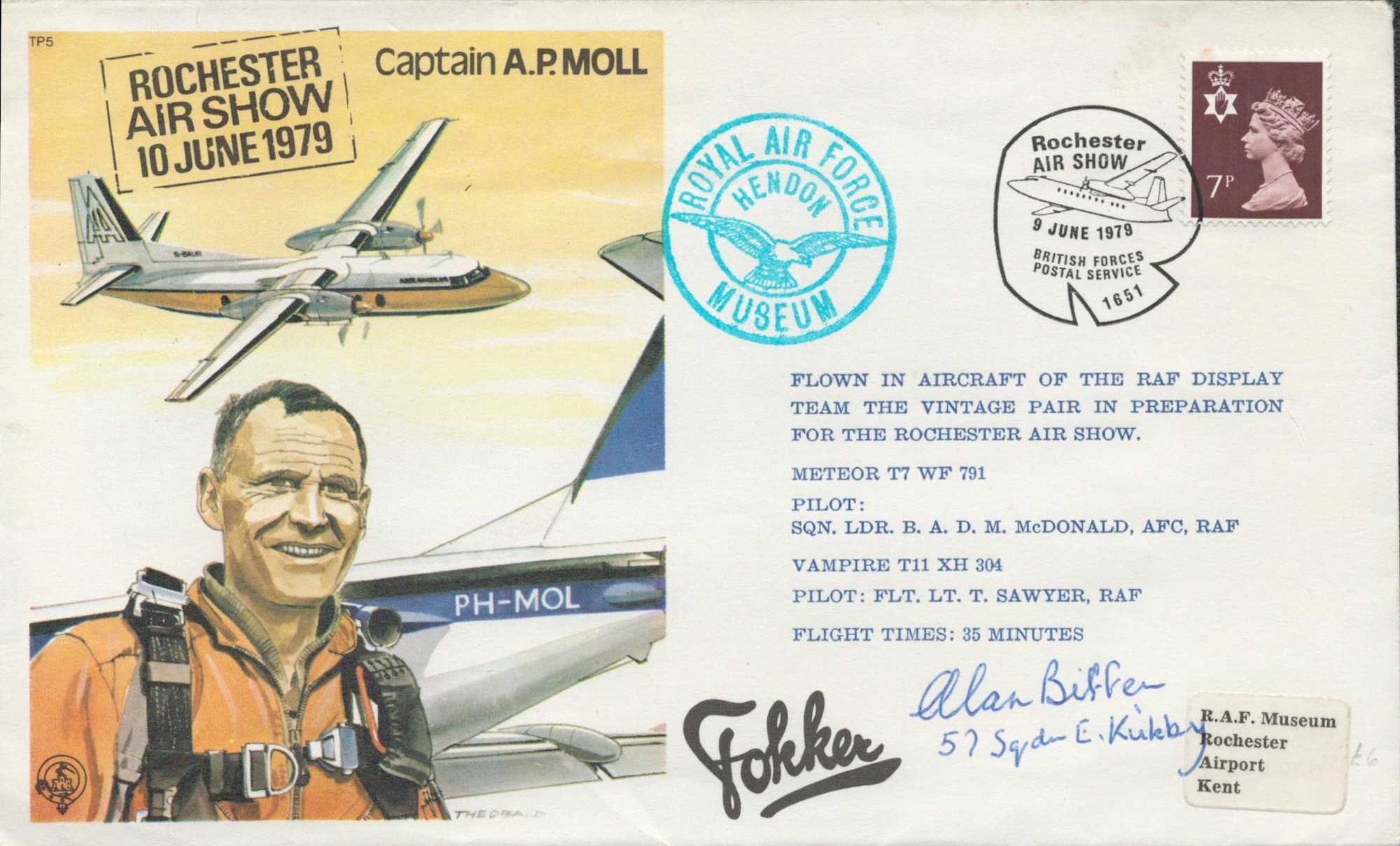 Alan Biffen of 57th Squadron Signed Captain A P MOLL TP5 Flown FDC. Flown in a Meteor T7 WF 791.
