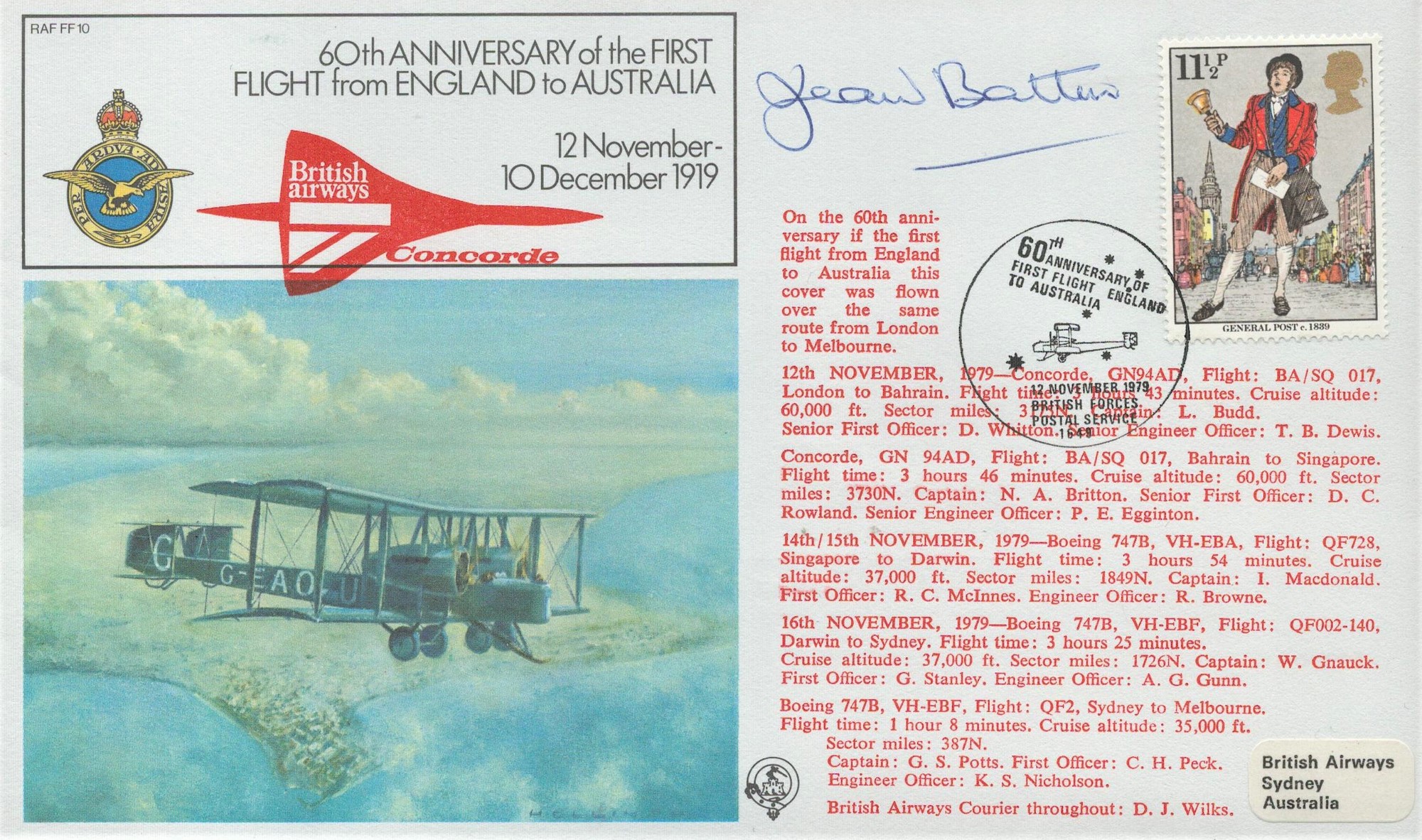 Jean Batten Signed 60th Anniv of the First Flight from England to Australia 12 November 10