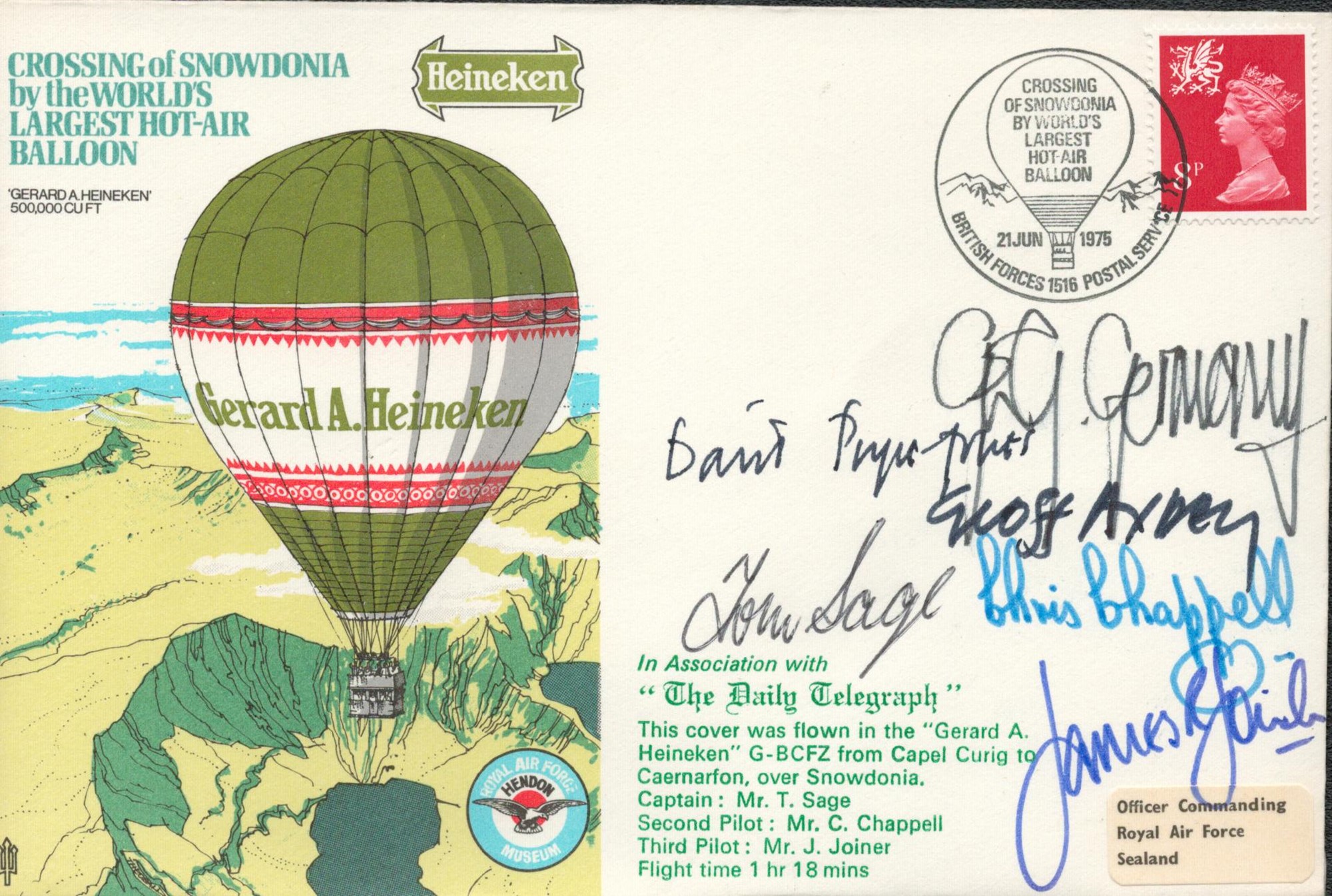 RAF Multi Signed Crossing of Snowdonia by World's Largest Hot Air Balloon FDC. Personally Signed